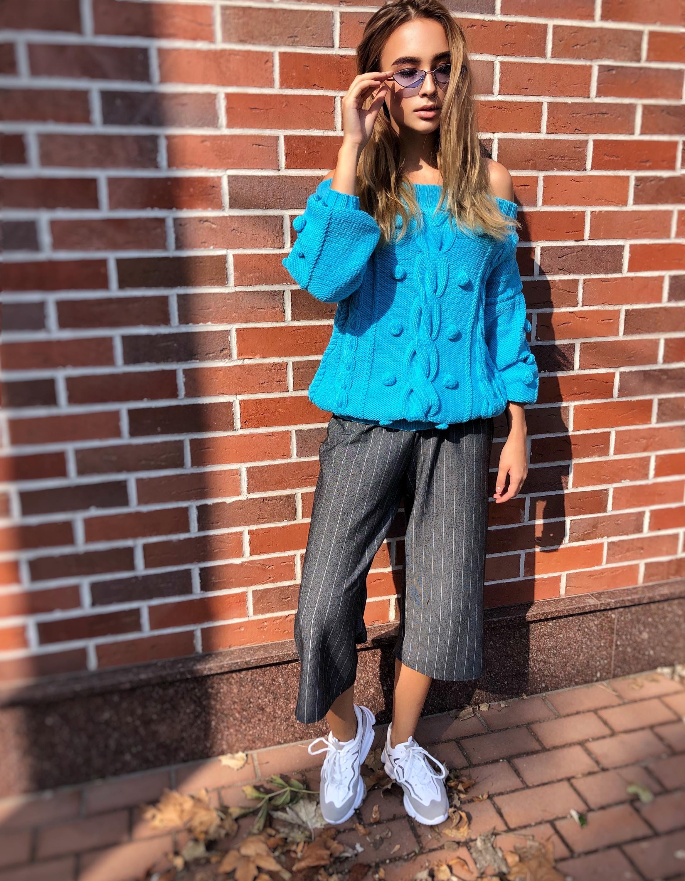 Hand knit cotton sweater Loose knit Oversized sweater Open shoulder Electric Neon Blue sweater Pom pom Eco hypoallergenic pullover