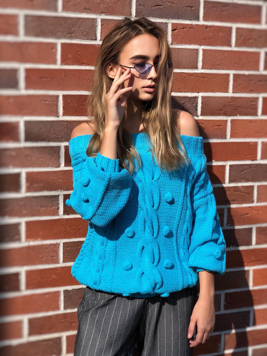Hand knit cotton sweater Loose knit Oversized sweater Open shoulder Electric Neon Blue sweater Pom pom Eco hypoallergenic pullover