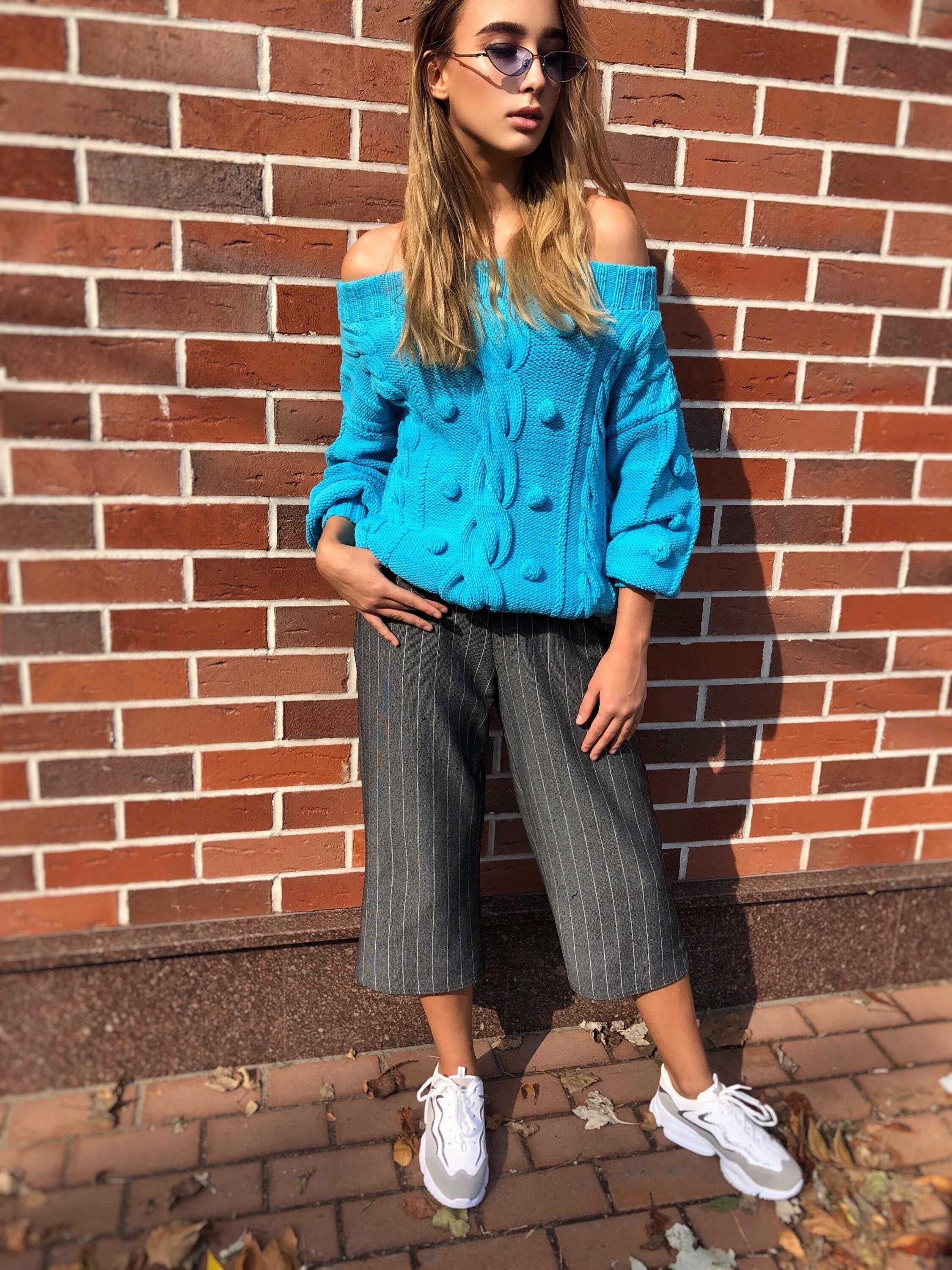Hand knit cotton sweater Loose knit Oversized sweater Open shoulder Electric Neon Blue sweater Pom pom Eco hypoallergenic pullover