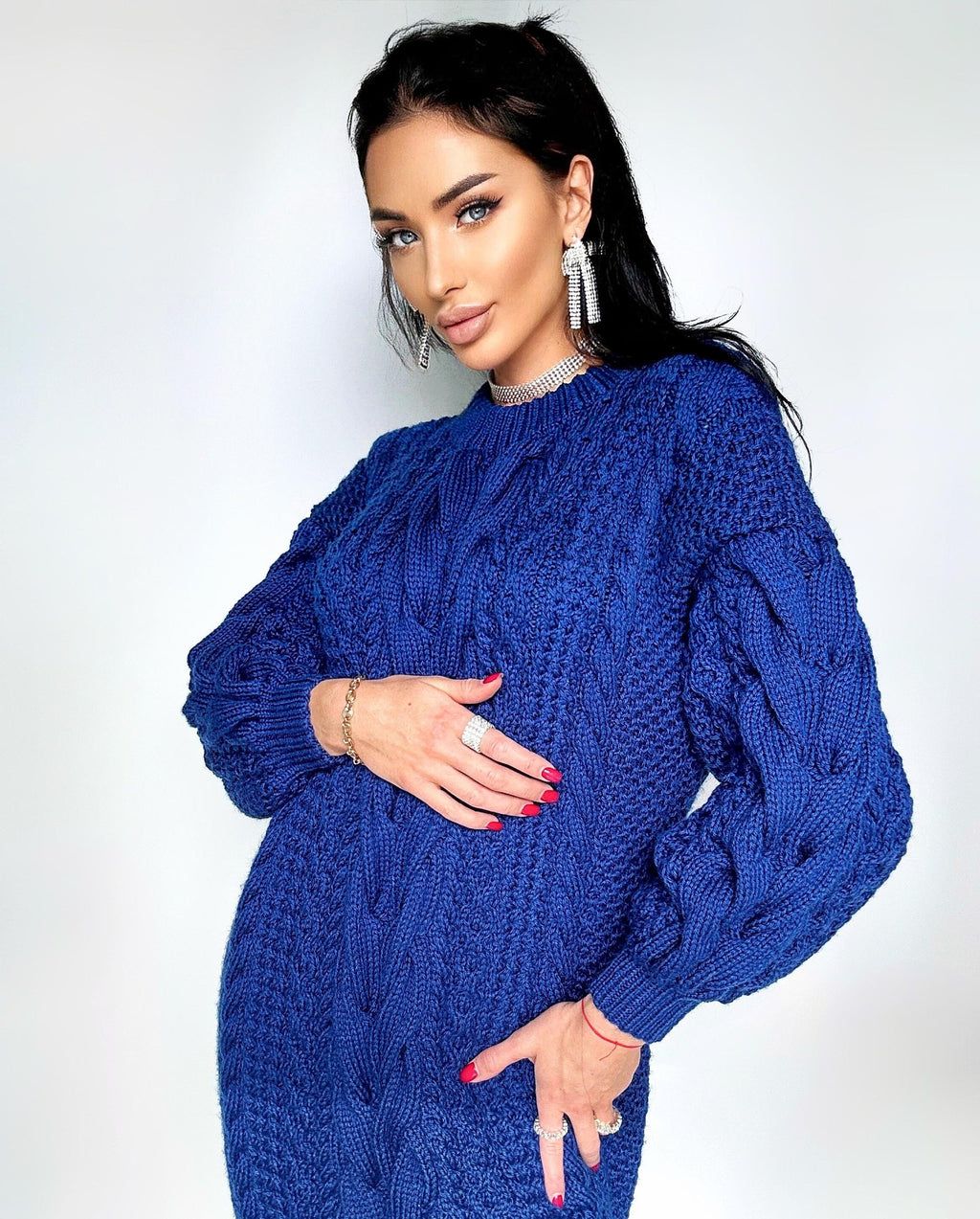 Aran long oversize sweater dress Big hand knit merino wool sweater dress Blue knitted cable knit pullover women Oversized chunky sweater