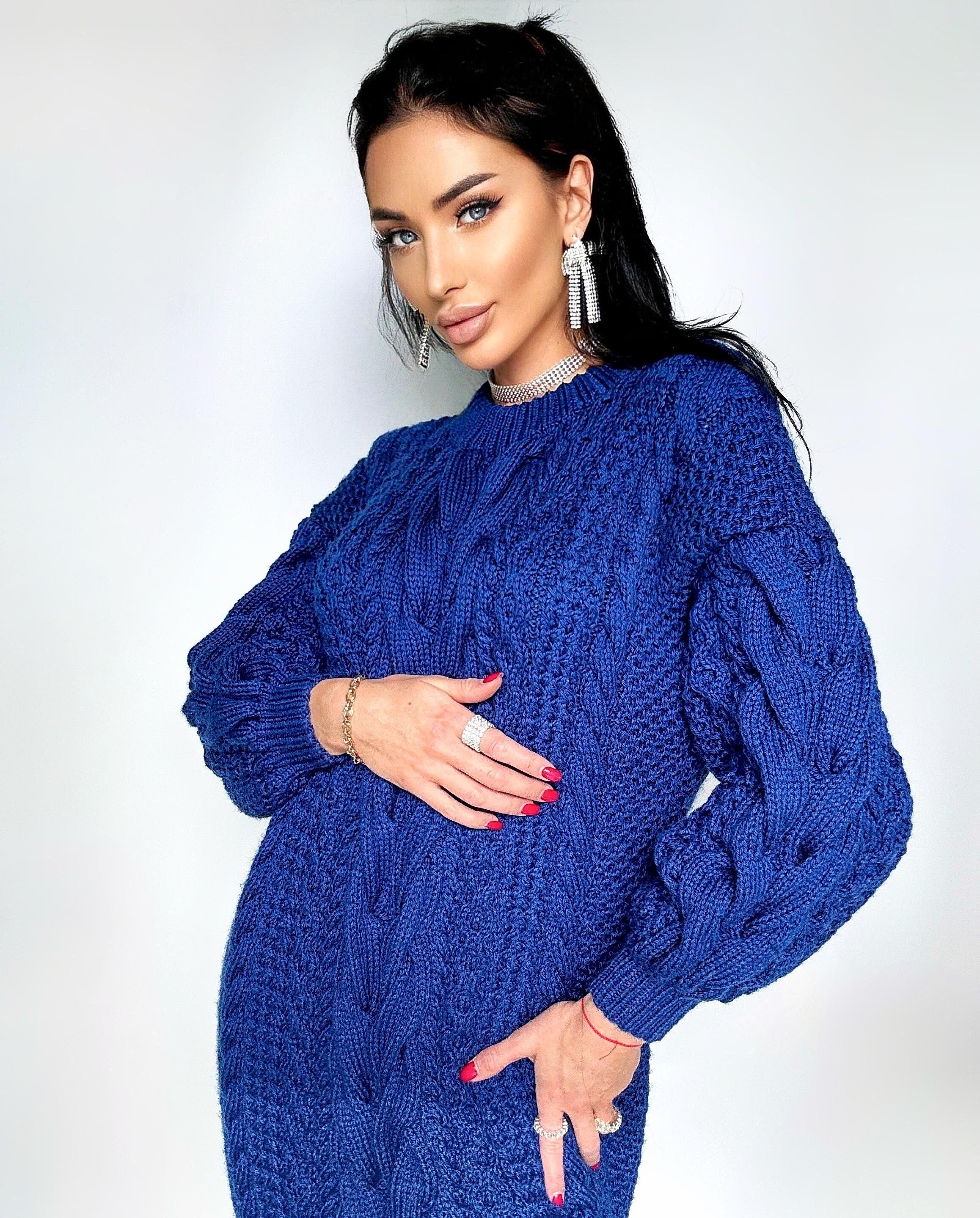 Aran long oversize sweater dress Big hand knit merino wool sweater dress Blue knitted cable knit pullover women Oversized chunky sweater