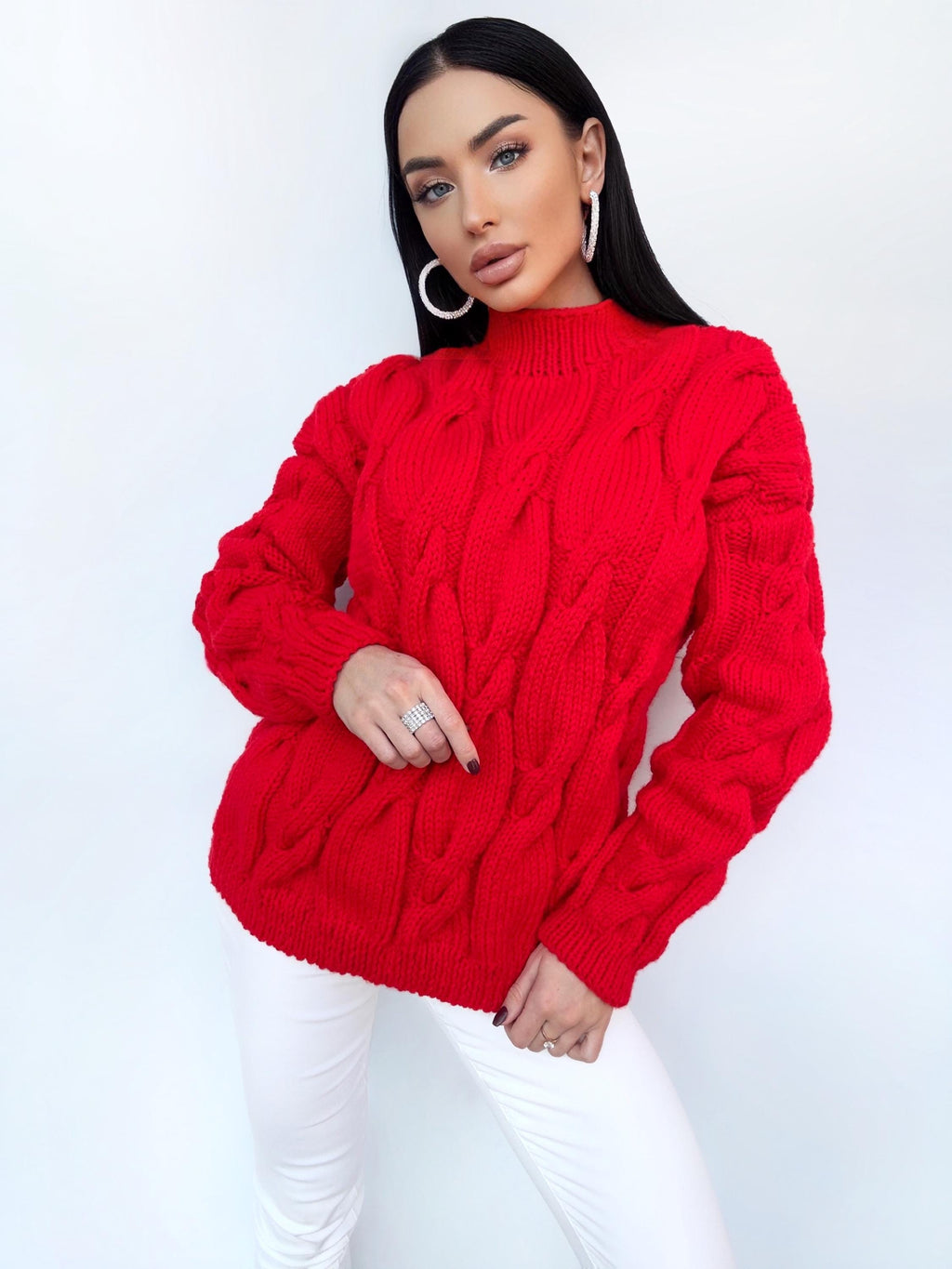 Chunky knit sweater Red sweater Oversized sweater Braids sweater Cable knit sweater burgundy sweater Women Knitwear turtleneck unique gifts
