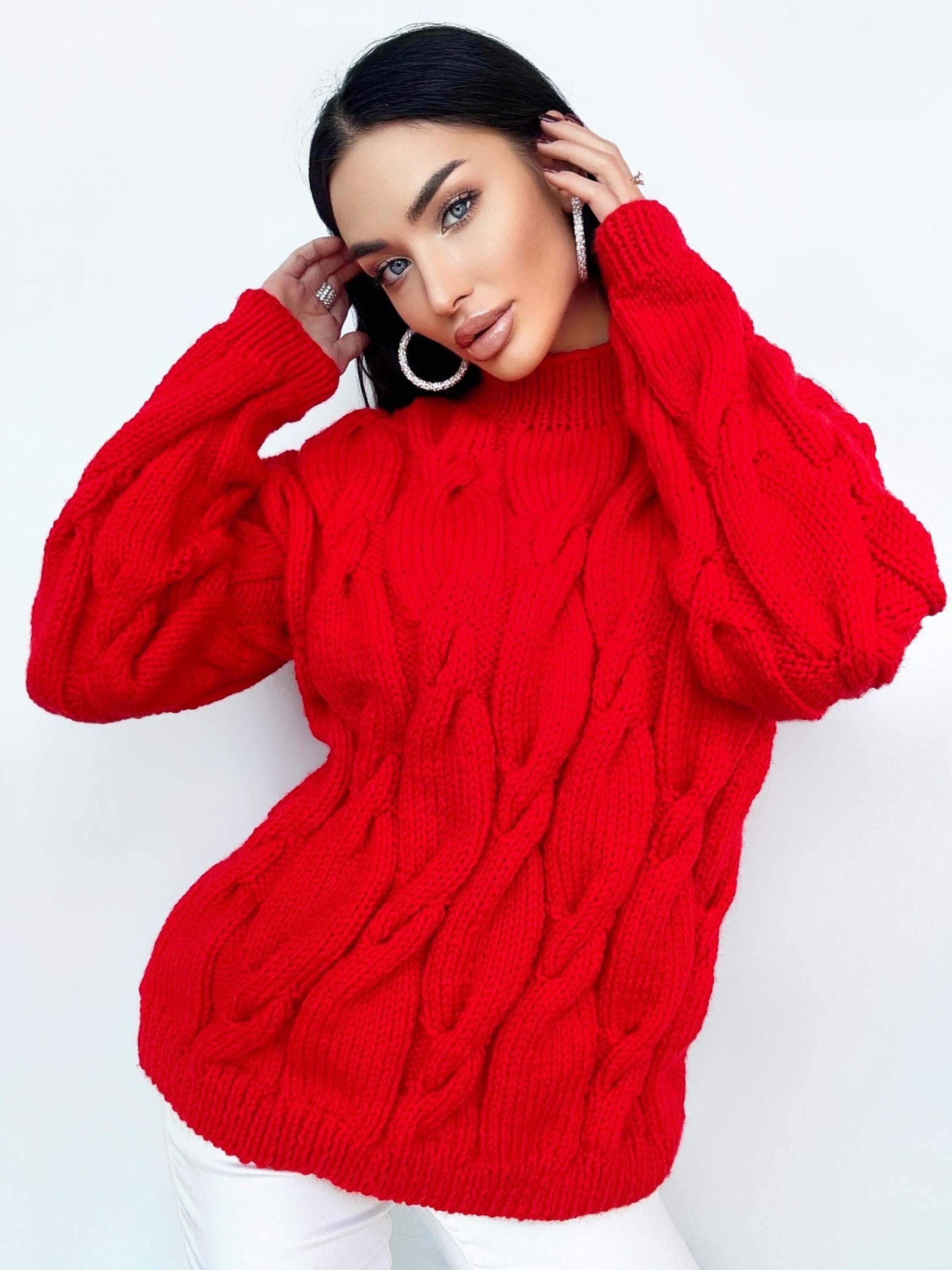 Chunky knit sweater Red sweater Oversized sweater Braids sweater Cable knit sweater burgundy sweater Women Knitwear turtleneck unique gifts