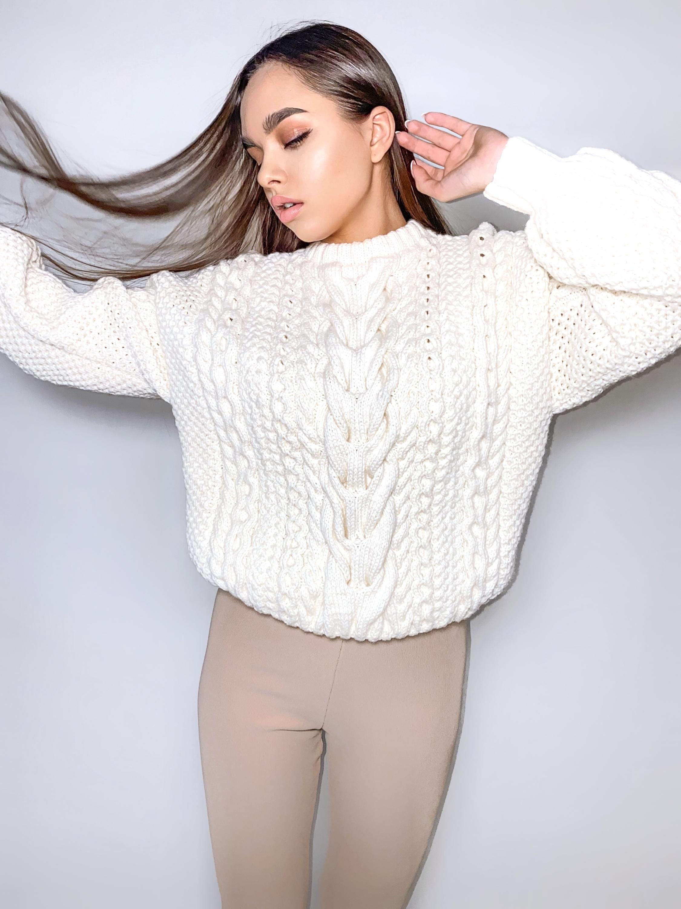 Pastel Milky Chunky knit sweater Merino wool sweater women White oversized sweater Custome sweater Cable knit pullover Gift for her