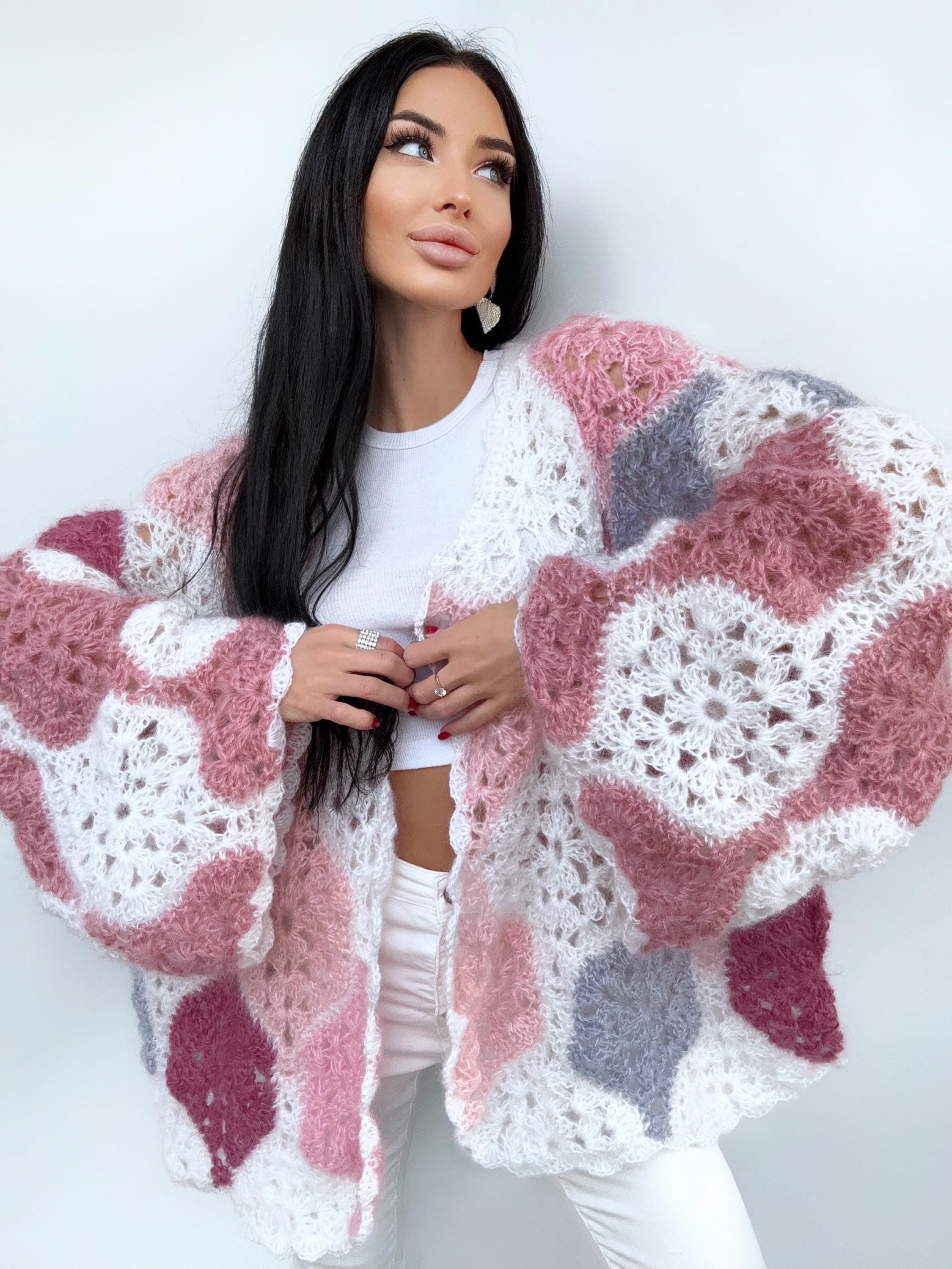 Mohair fluffy crochet cardigan for women patchwork Balloon sleeves Mohair knit sweater Multicolor knitted coat Jacket Women cardigan boler