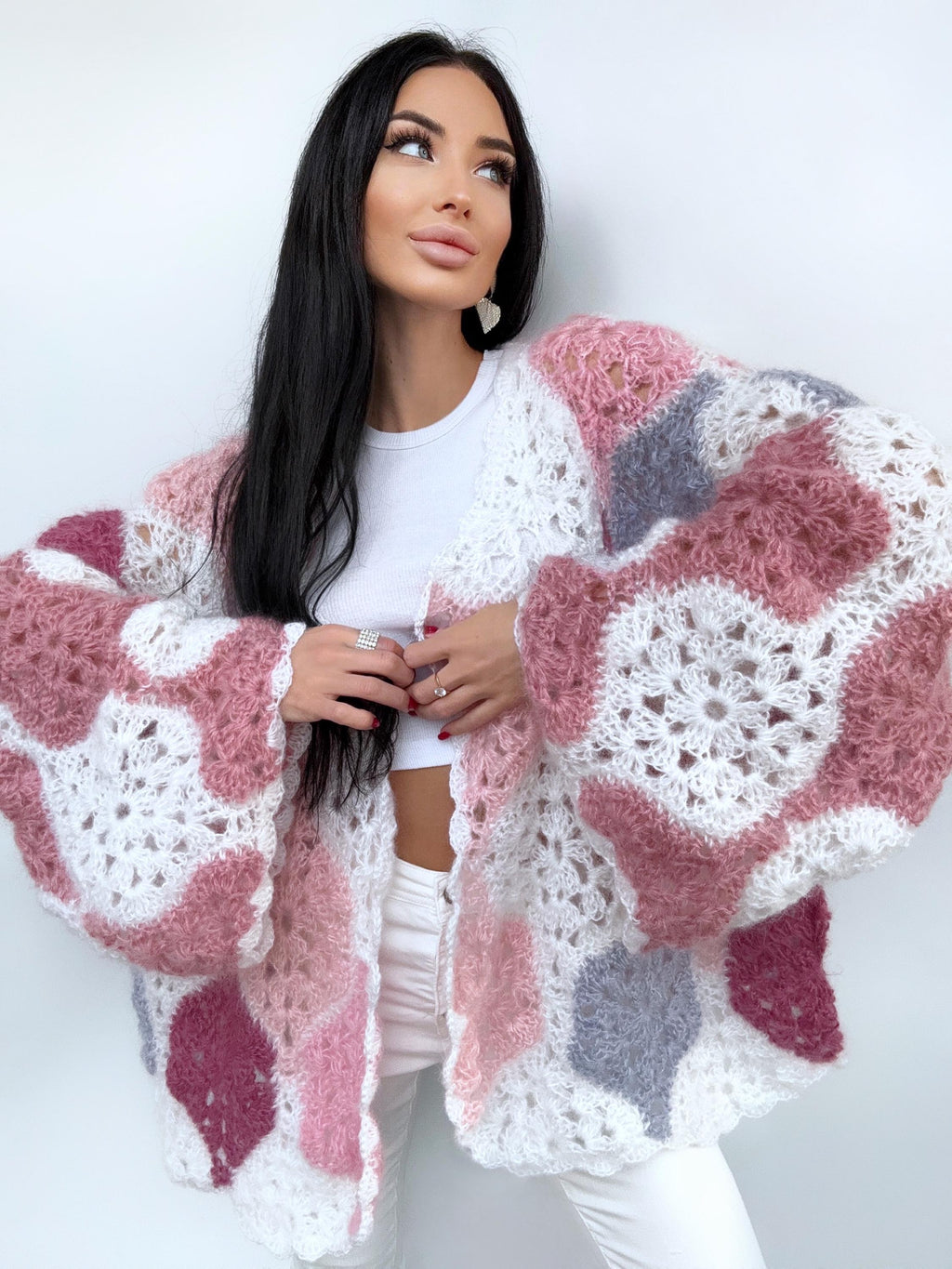 Mohair fluffy crochet cardigan for women patchwork Balloon sleeves Mohair knit sweater Multicolor knitted coat Jacket Women cardigan boler