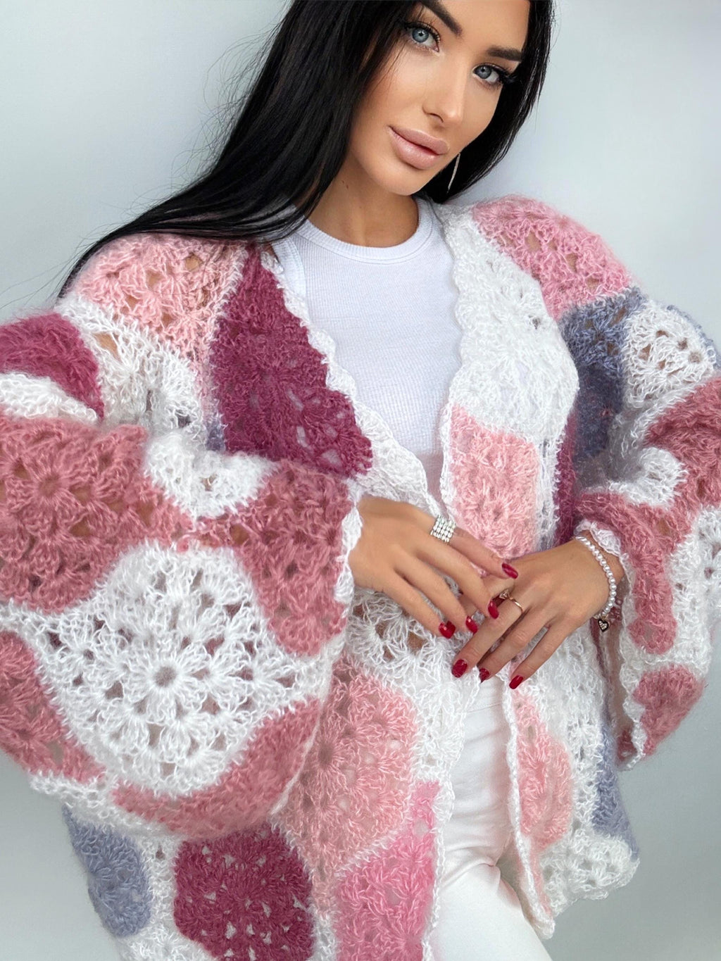 Mohair fluffy crochet cardigan for women patchwork Balloon sleeves Mohair knit sweater Multicolor knitted coat Jacket Women cardigan boler