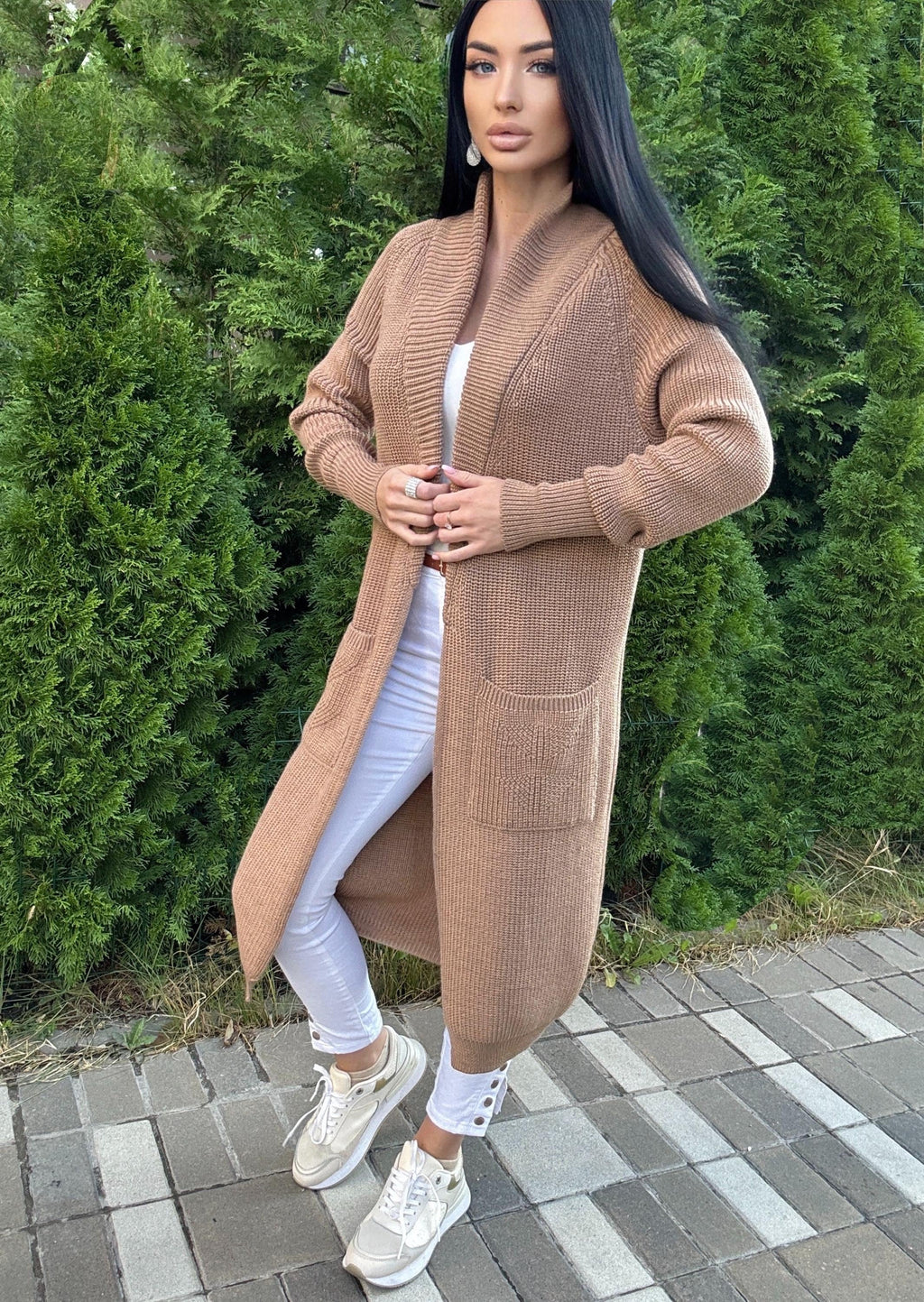Chunky knit merino wool beige Midi knitted cardigan Long Brown Pastel oversized coat Cardigan sweater cable knit coat Cocoon knit coat