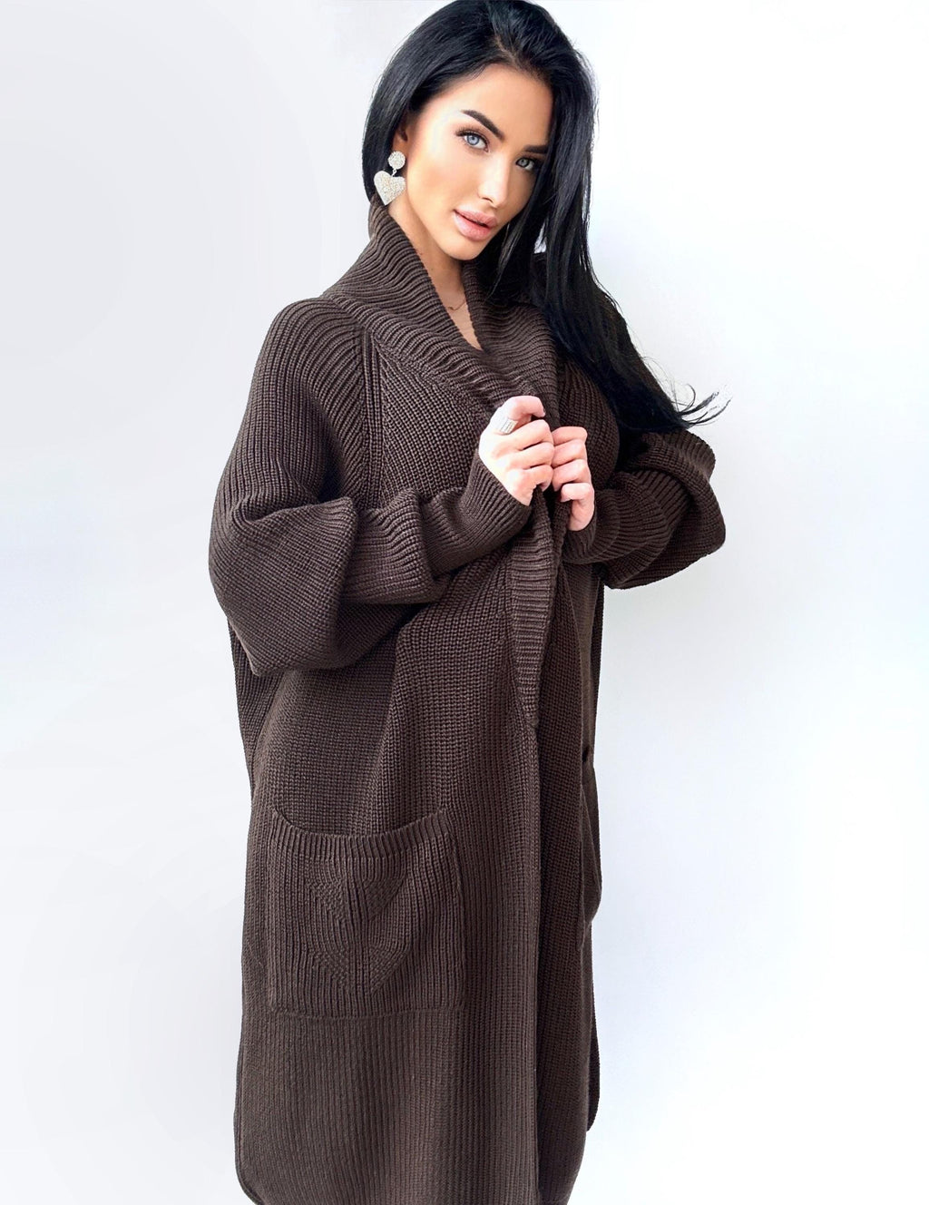 Chunky knit merino wool Midi cardigan Chocolate Brown maxi knit cardigan Long oversized coat Cardigan cable knit coat Cocoon knit coat