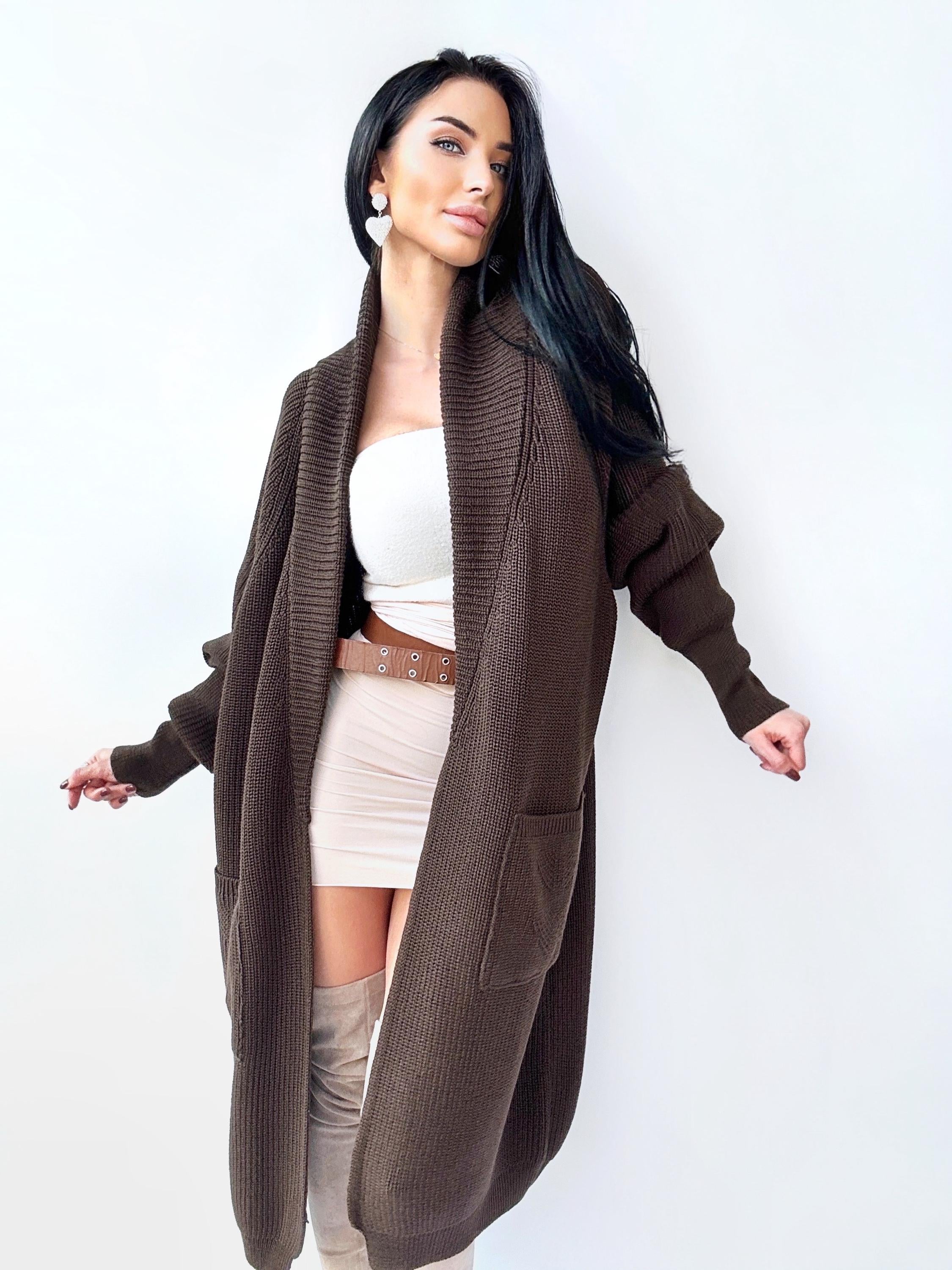 Chunky knit merino wool Midi cardigan Chocolate Brown maxi knit cardigan Long oversized coat Cardigan cable knit coat Cocoon knit coat