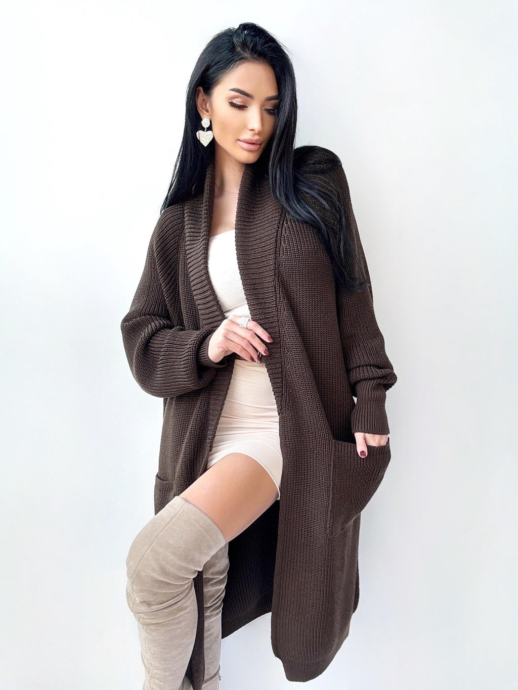 Chunky knit merino wool Midi cardigan Chocolate Brown maxi knit cardigan Long oversized coat Cardigan cable knit coat Cocoon knit coat