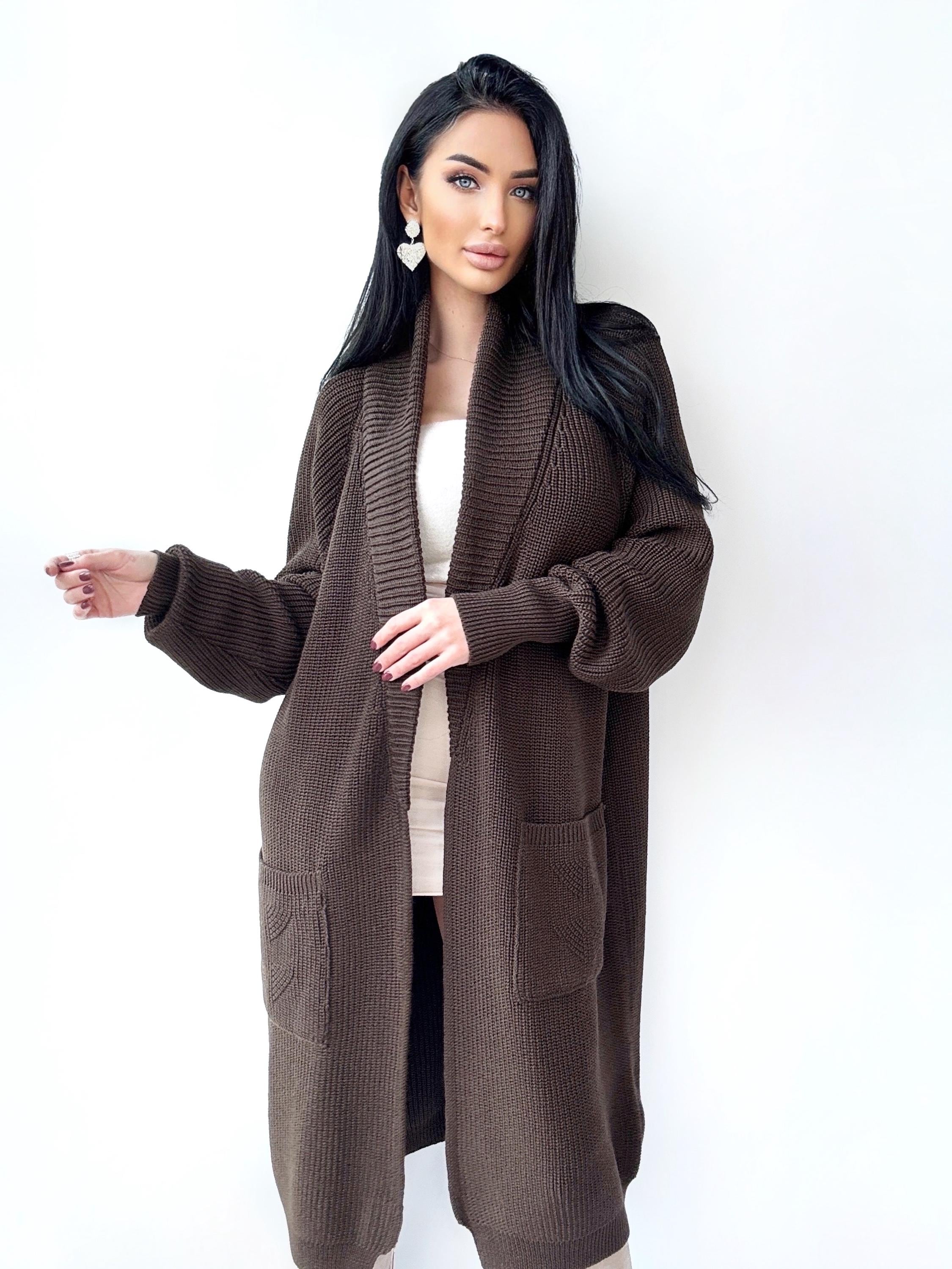 Chunky knit merino wool Midi cardigan Chocolate Brown maxi knit cardigan Long oversized coat Cardigan cable knit coat Cocoon knit coat
