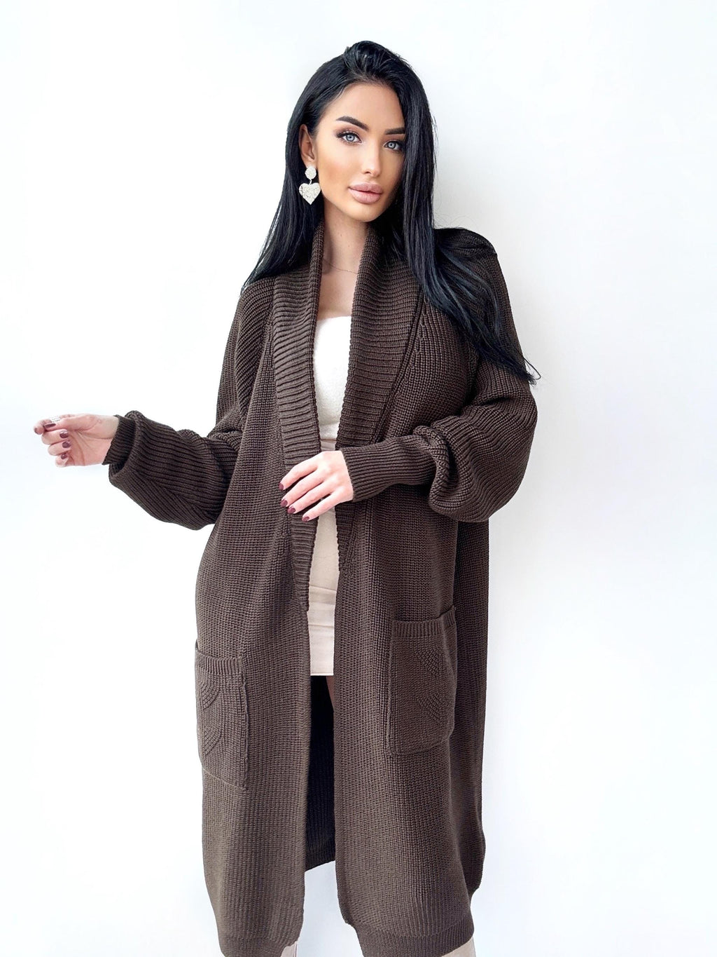 Chunky knit merino wool Midi cardigan Chocolate Brown maxi knit cardigan Long oversized coat Cardigan cable knit coat Cocoon knit coat