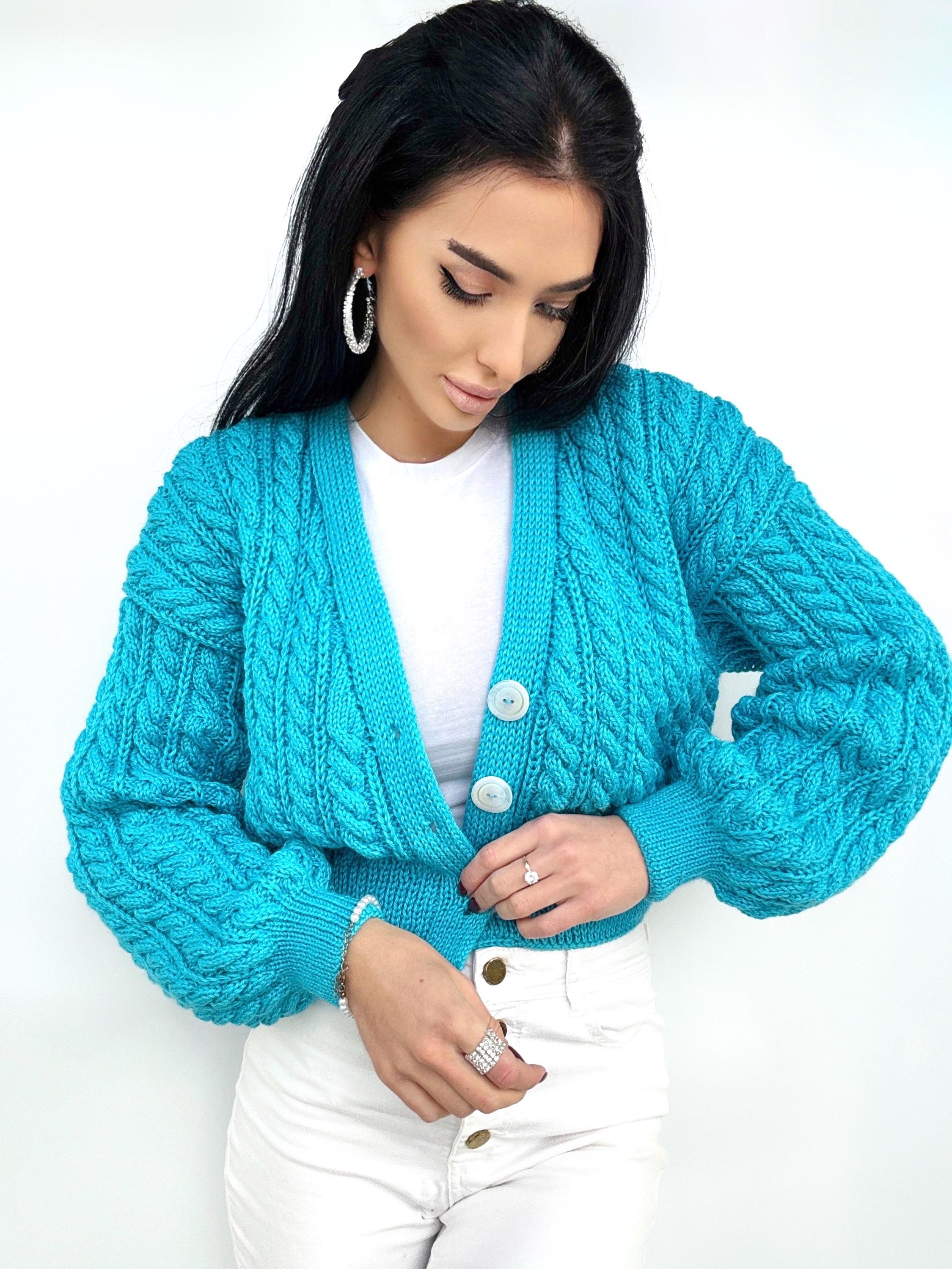 Crop cardigan Hand knit blue cardigan sweater Crop top sweater Cable knit cardigan Chunky Cozy cardigan short knitted jacket Gift for her