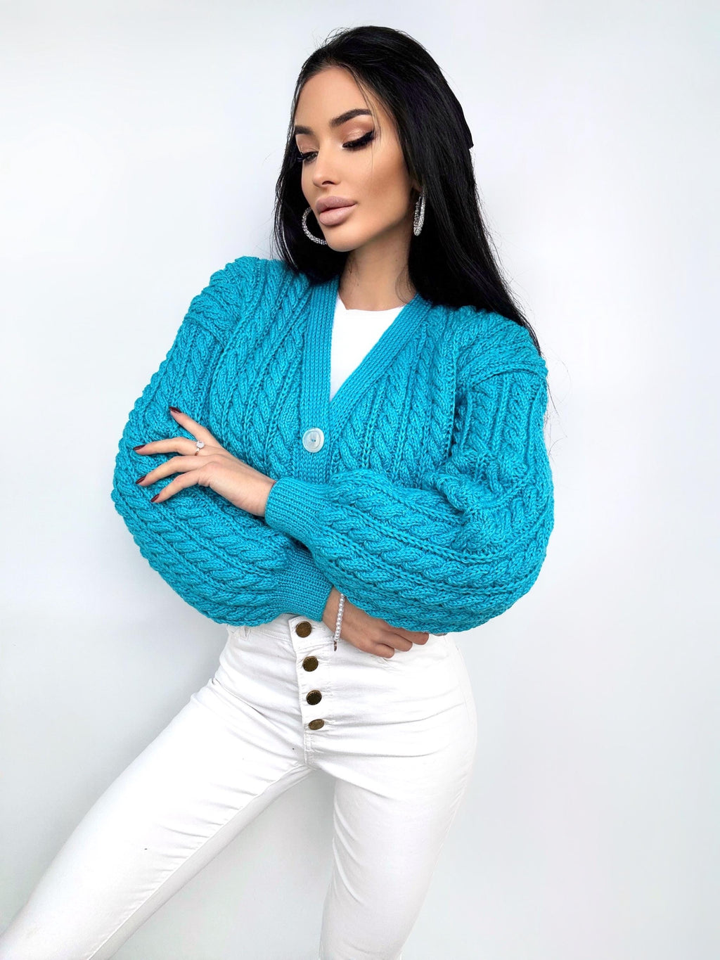 Crop cardigan Hand knit blue cardigan sweater Crop top sweater Cable knit cardigan Chunky Cozy cardigan short knitted jacket Gift for her