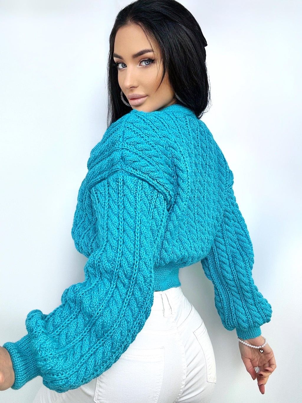 Crop cardigan Hand knit blue cardigan sweater Crop top sweater Cable knit cardigan Chunky Cozy cardigan short knitted jacket Gift for her