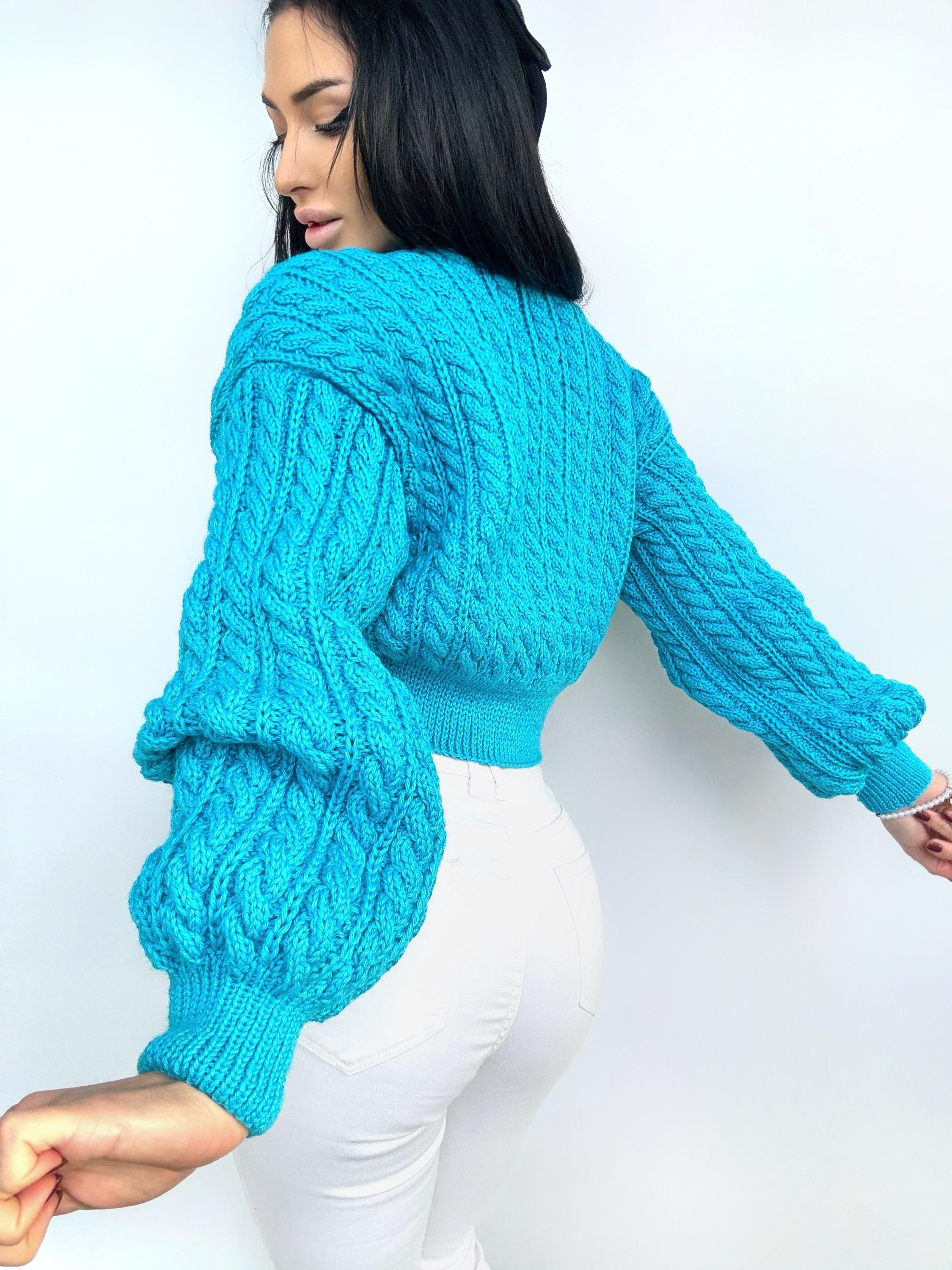 Crop cardigan Hand knit blue cardigan sweater Crop top sweater Cable knit cardigan Chunky Cozy cardigan short knitted jacket Gift for her