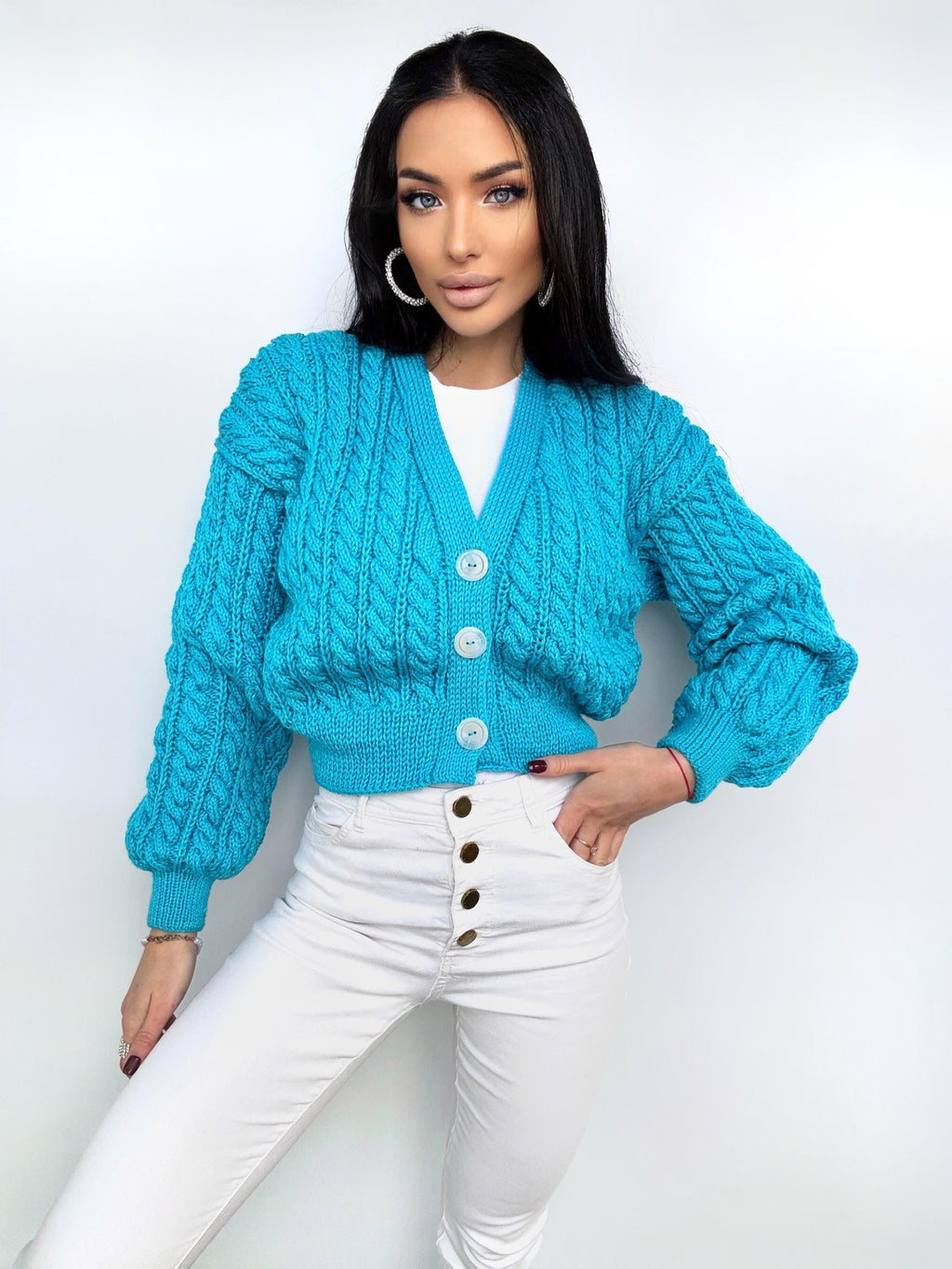 Crop cardigan Hand knit blue cardigan sweater Crop top sweater Cable knit cardigan Chunky Cozy cardigan short knitted jacket Gift for her