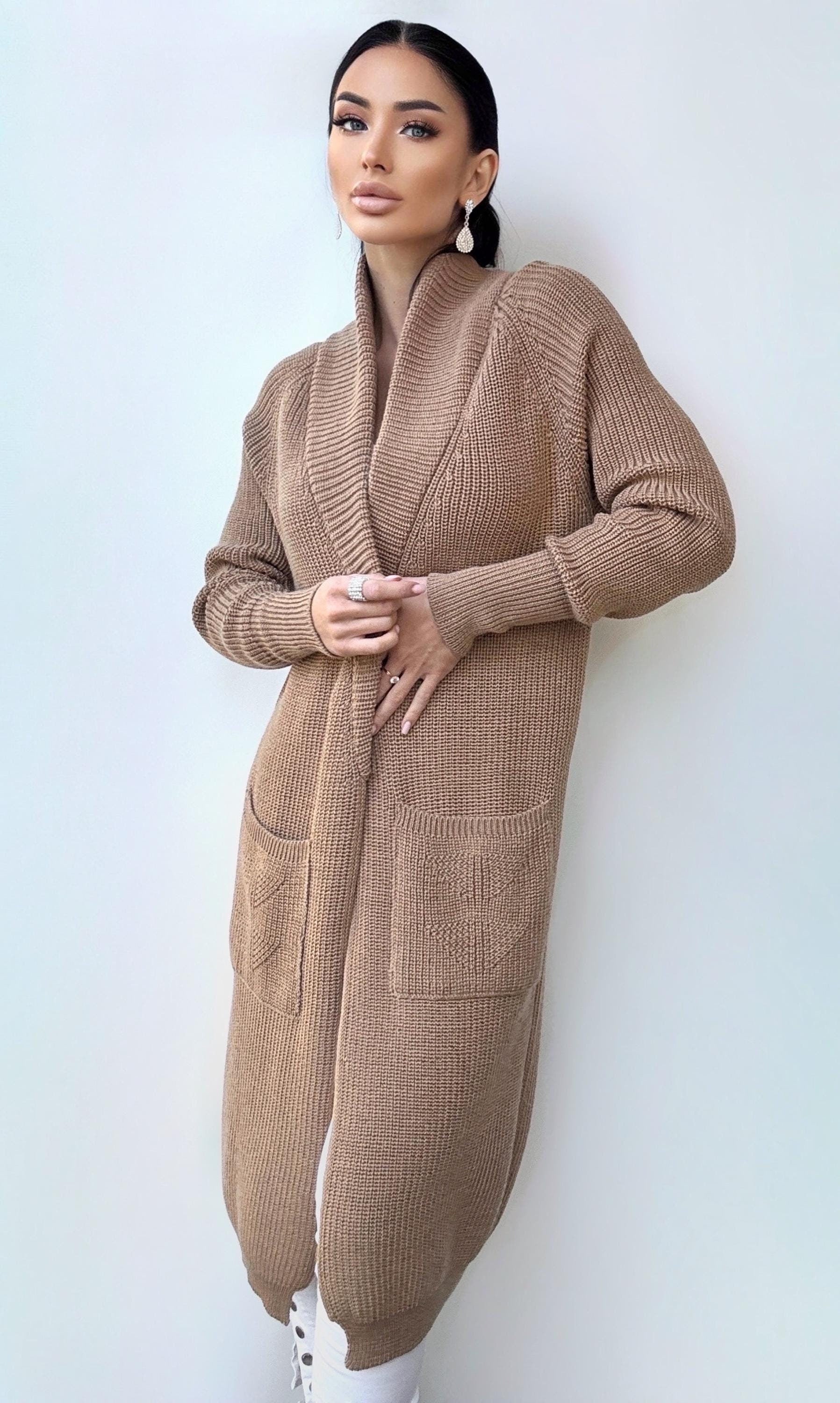 Chunky knit merino wool beige maxi Midi knit cardigan Long Brown Pastel oversized coat Cardigan sweater cable knit coat Cocoon knit coat