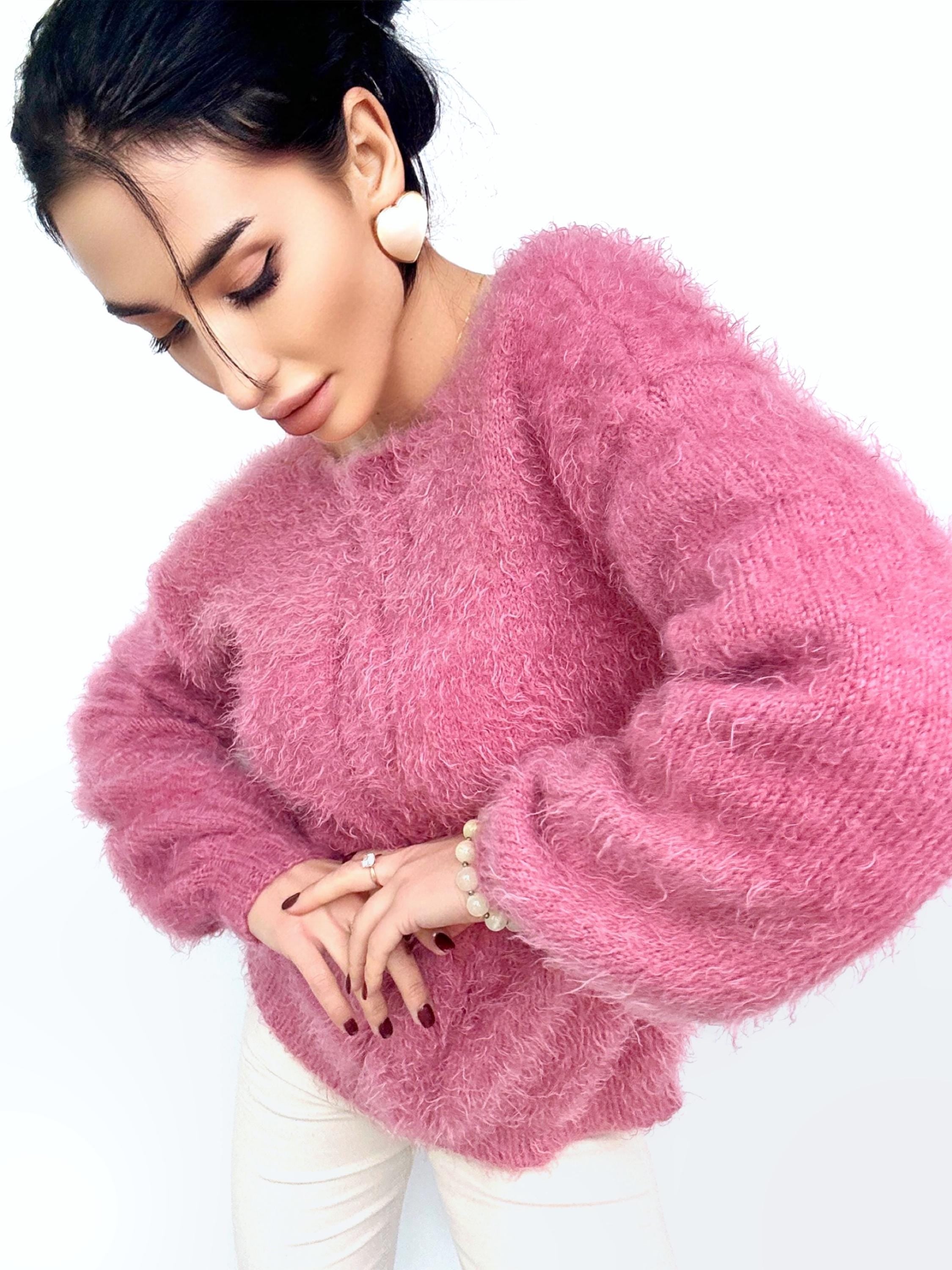 Hand knit Pink Powder wool FREE soft fluffy body friendly sweater Open back Deep V-neckline Analogue of angora pullover Loose fit oversize