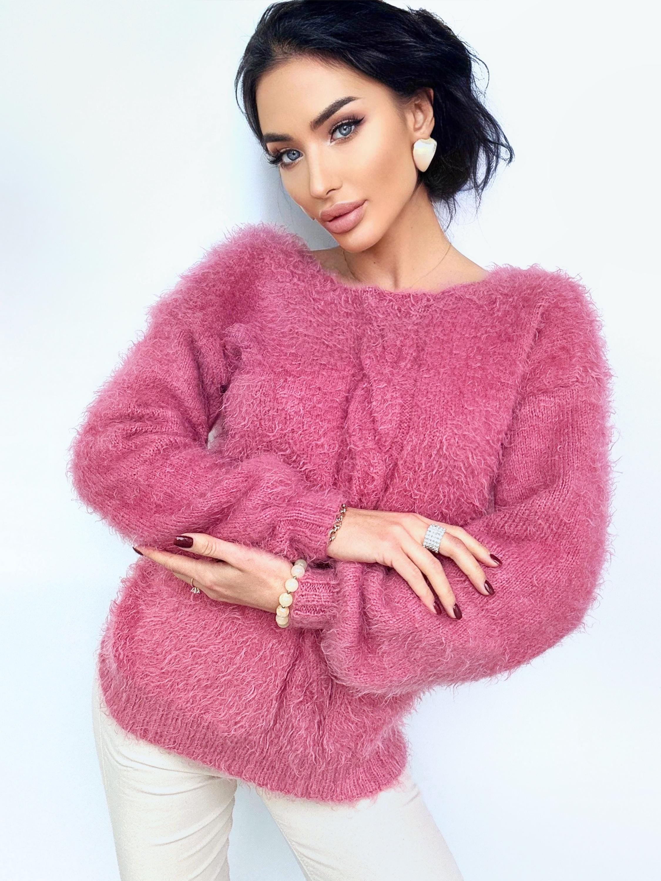 Hand knit Pink Powder wool FREE soft fluffy body friendly sweater Open back Deep V-neckline Analogue of angora pullover Loose fit oversize