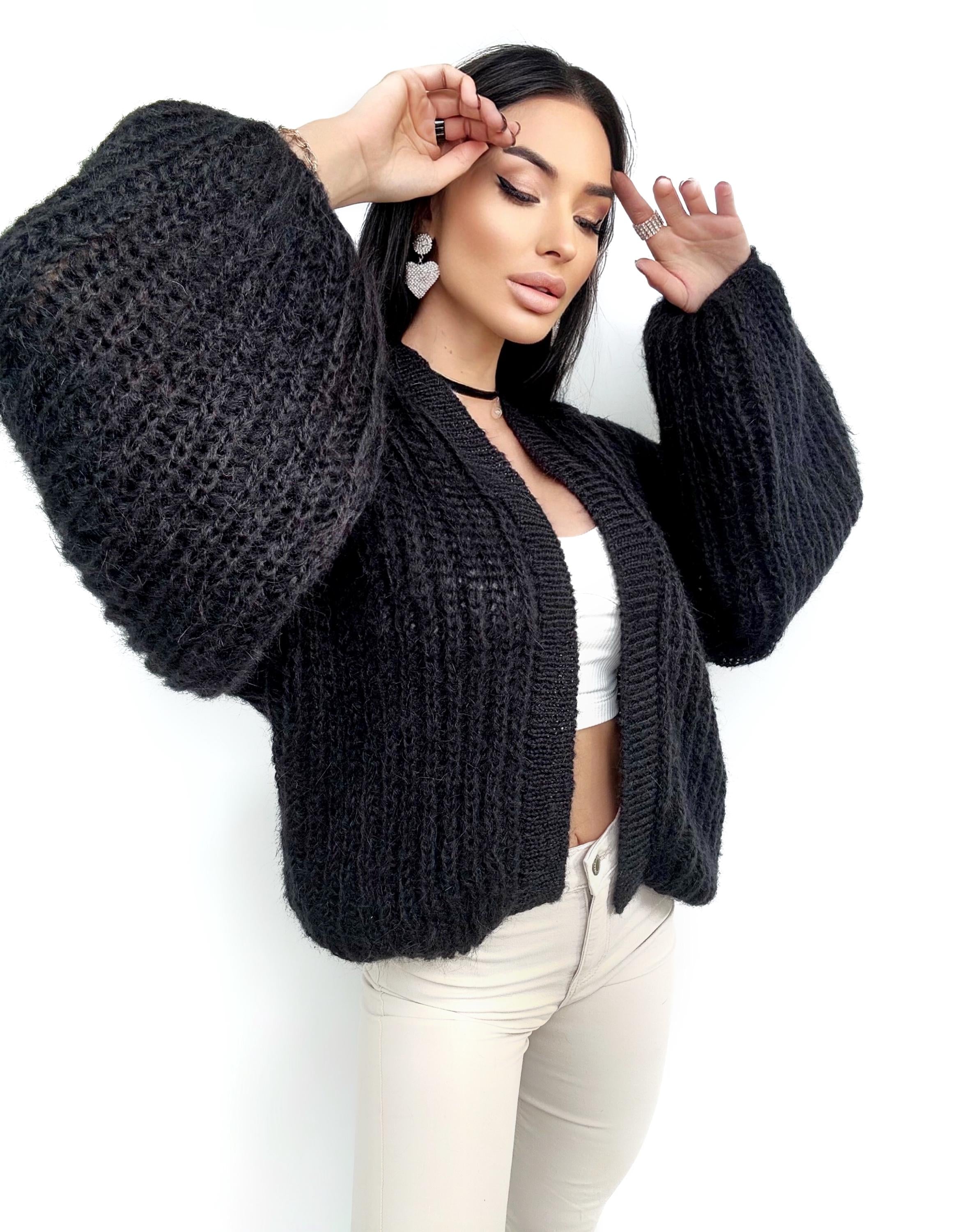 Knit crop black mohair wool cardigan women Mohair bolero Wedding Cardigan Wool fluffy cape Bridal jackets Knitted jacket Chunky knit cardi