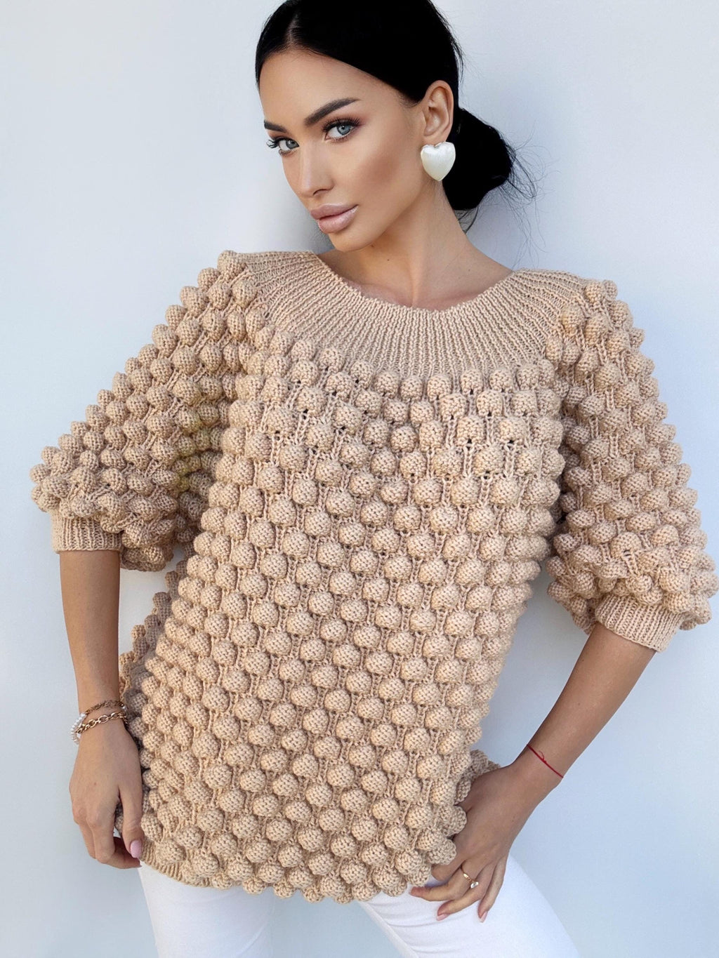 Knit wool beige oversized sweater dress off the shoulder Chunky hand knit dress Open shoulders merino wool long sweater Half sleeve
