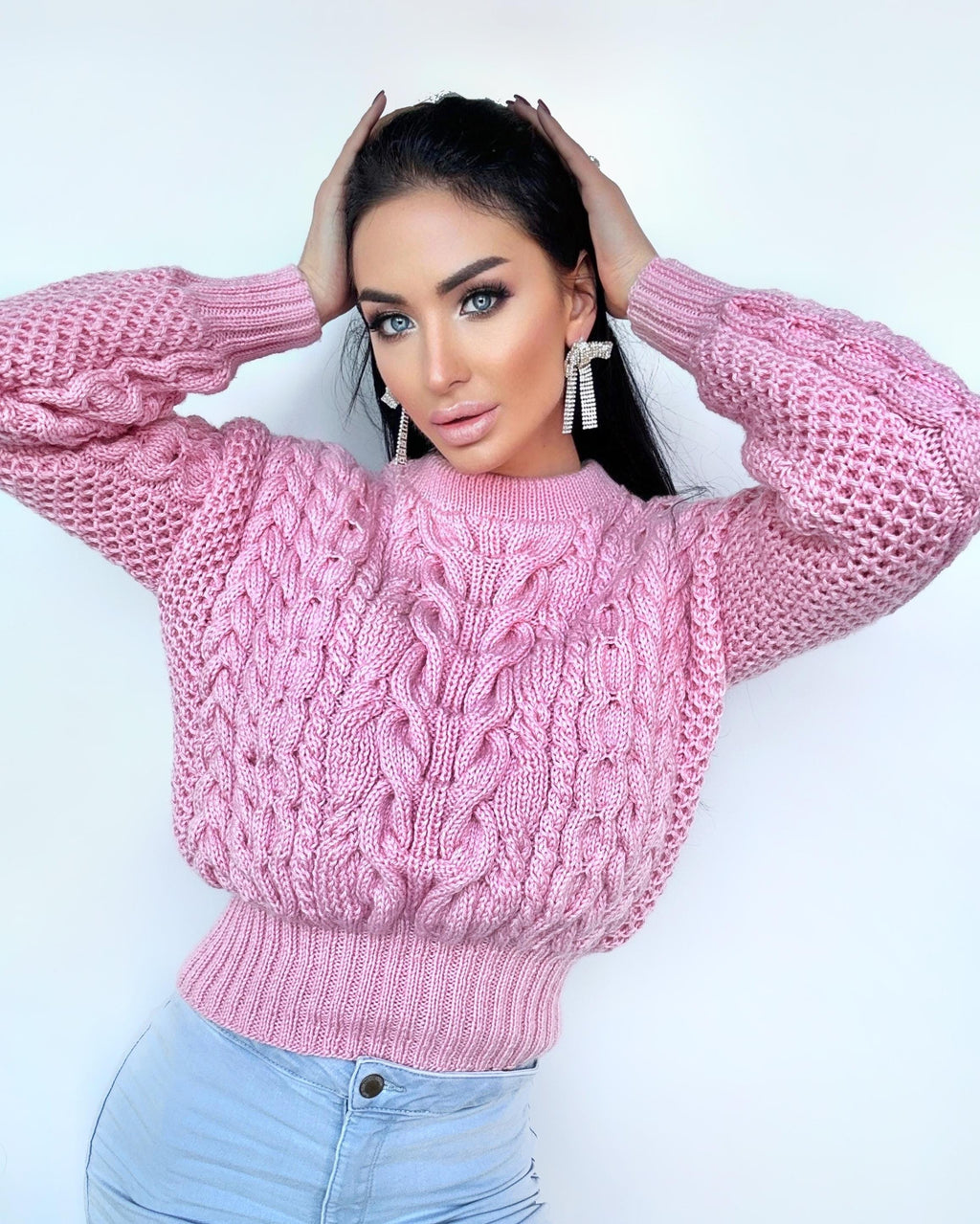 Pink crop soft merino mixture knitted Sweater Women Hand Knitted Jumper Cable Knit Loose Knit Oversized High Waist Knitted Sweater