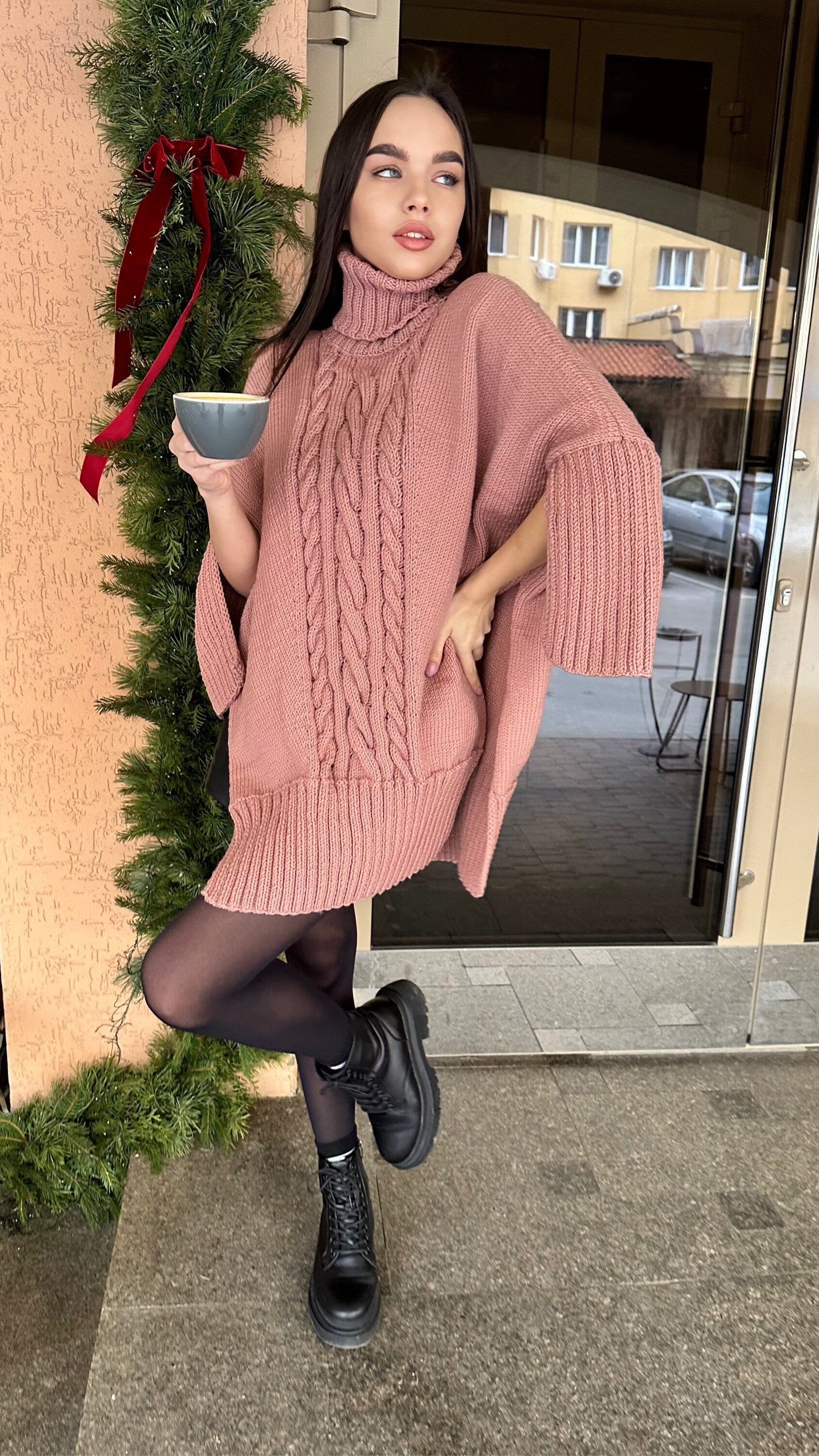 Cable hand knit sweater Sweater dress high collar turtleneck collar - accordion Brown Pink tunic with side slits Hand Knit oversize jumper