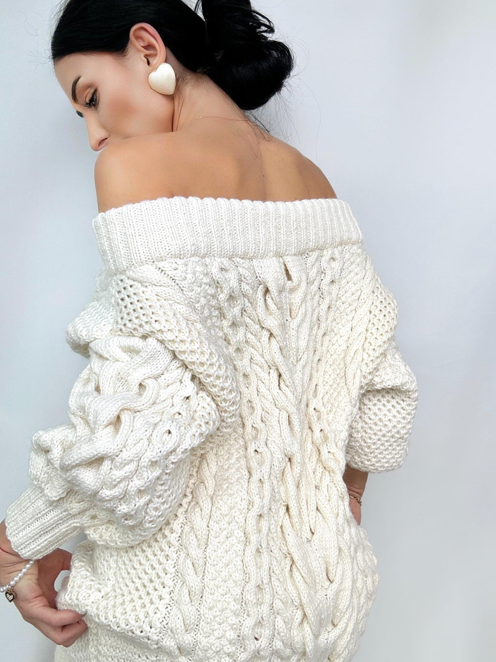 Chunky knit merino wool sweater dress women White off shoulder cotton sweater Long Cable knit sweater Knitted one shoulder Big cozy pullover