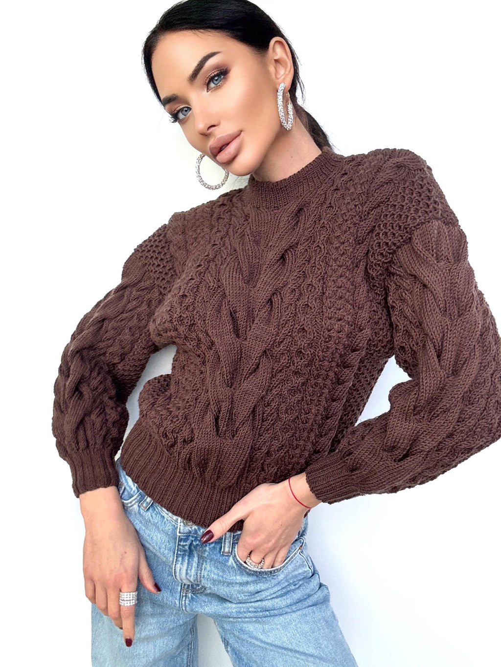 100% soft merino wool brown chocolate hand chunky knit sweater for women Hand knitted jumper Cable knitting Loose knit pullover