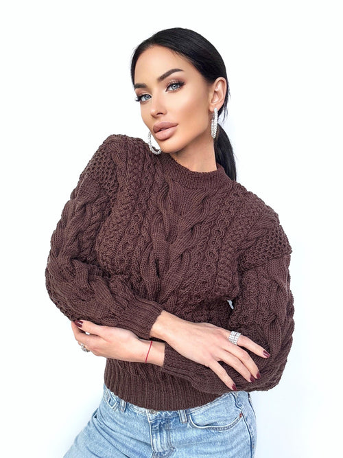 100% soft merino wool brown chocolate hand chunky knit sweater for women Hand knitted jumper Cable knitting Loose knit pullover