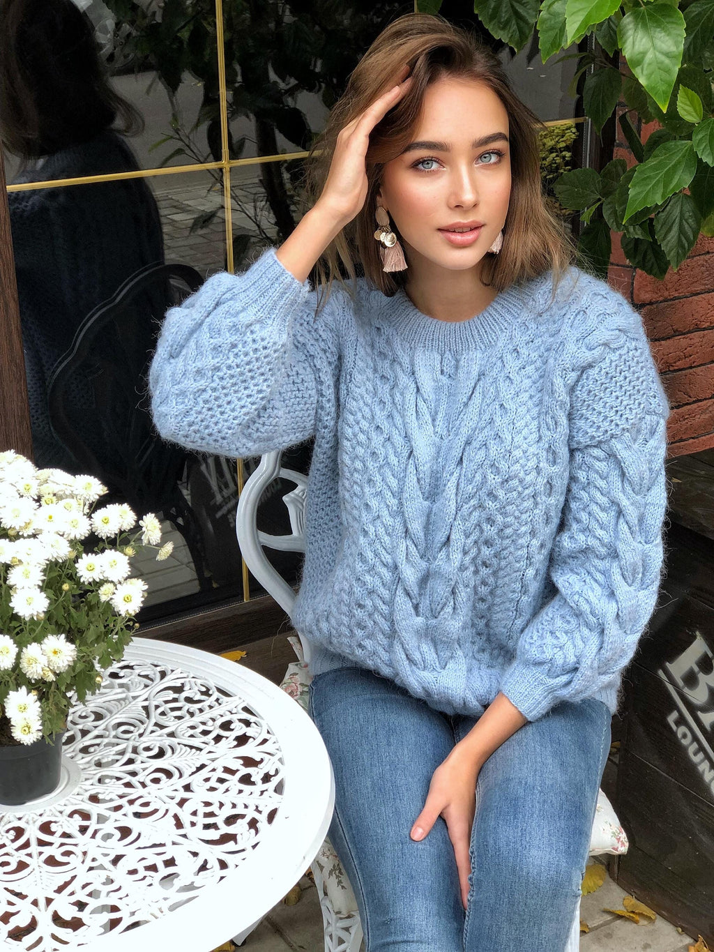Chunky knit blue Alpaca wool sweater womens Warm merino wool fall pullover Cable knit sweater Loose hand knit holiday sweater