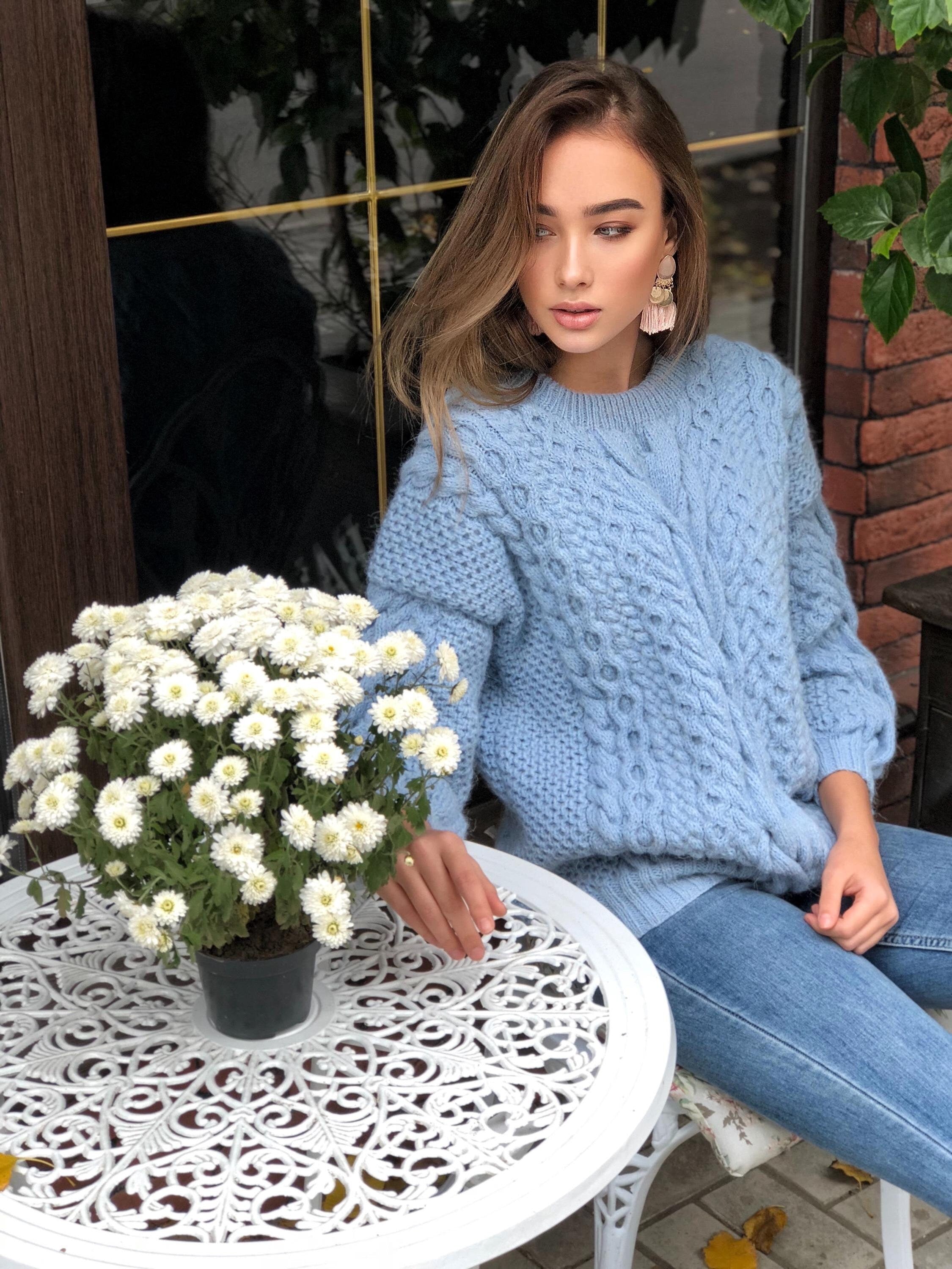 Chunky knit blue Alpaca wool sweater womens Warm merino wool fall pullover Cable knit sweater Loose hand knit holiday sweater