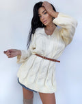 Merino wool wool cable knit oversize pastel milk white beige sweater dress women Off white wool pullover V -collar Chunky knit loose sweater