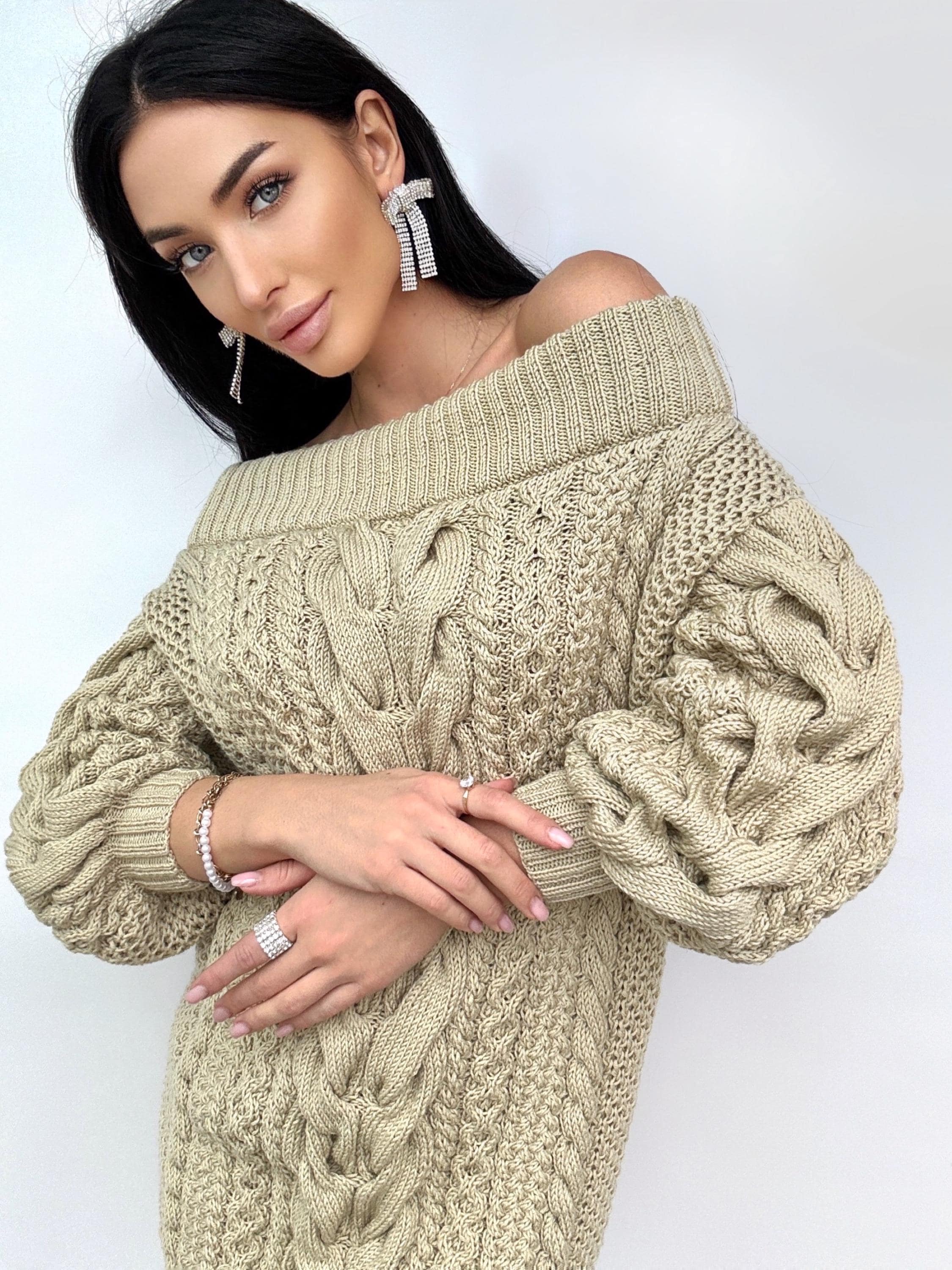 Merino wool beige hand knitted Aran sweater dress for women Cable knit sweater open shoulders Long wool braids knit dress one shoulder
