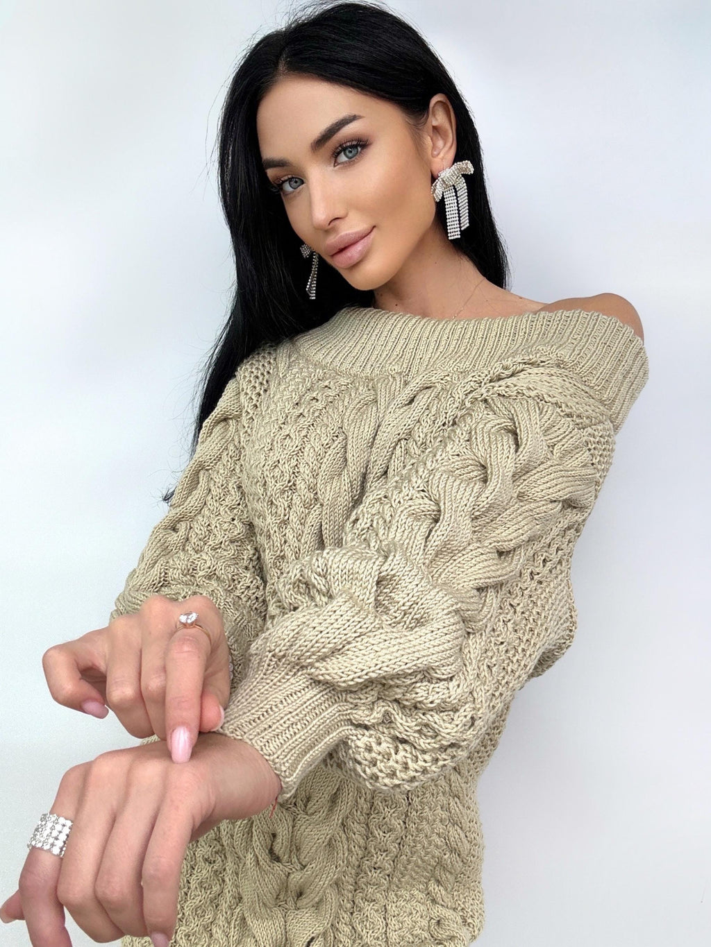 Off Shoulder Sweater Dress with Braids and Aranas Light beige merino wool sweater dress for women Cable sweater Long wool one shoulder dress