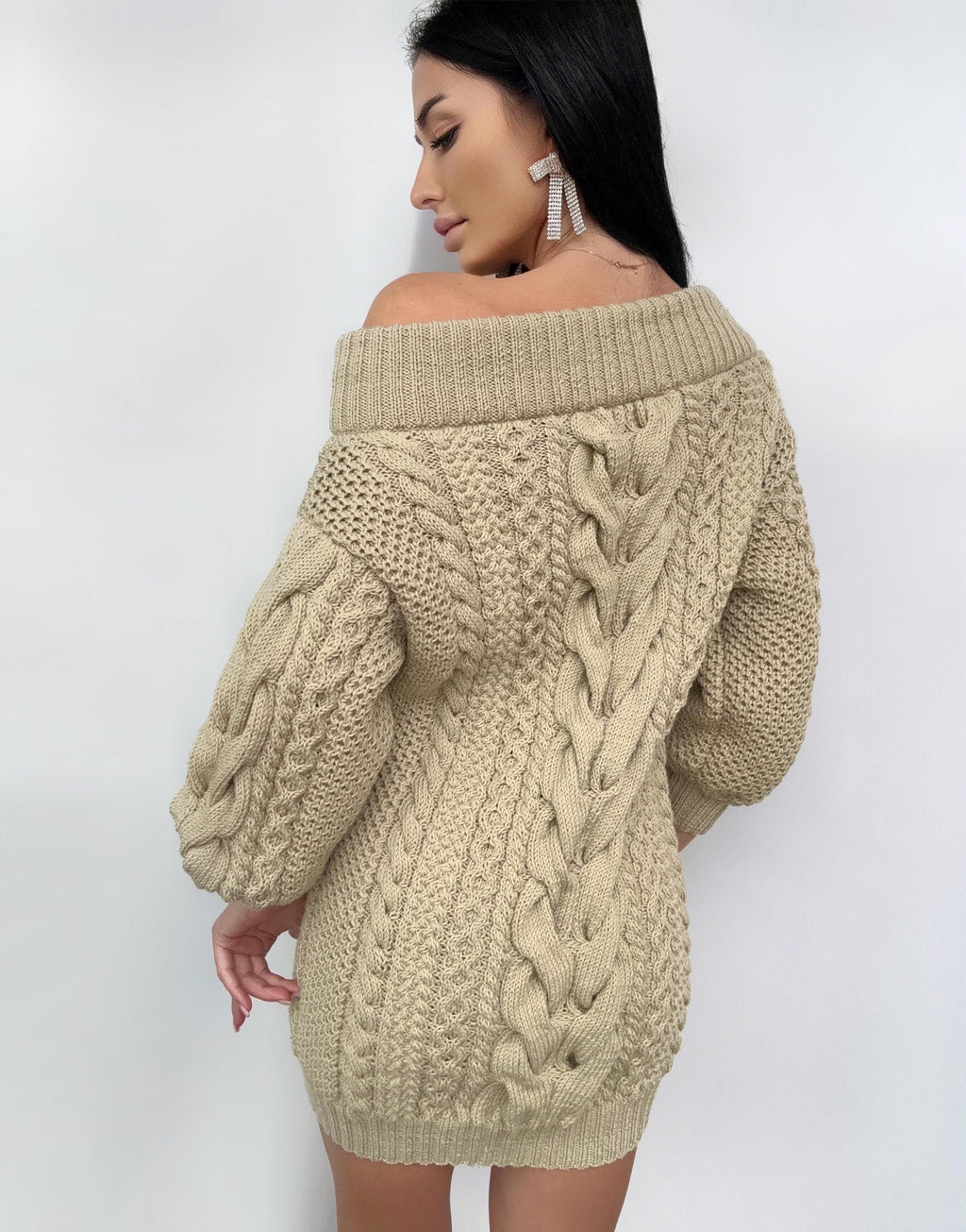 Merino wool beige hand knitted Aran sweater dress for women Cable knit sweater open shoulders Long wool braids knit dress one shoulder