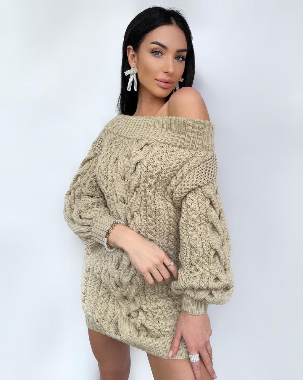 Hand knit sweater dress for women Light Beige cable sweater dress open shoulders Long women’s wool sweater braids knit dress one shoulder