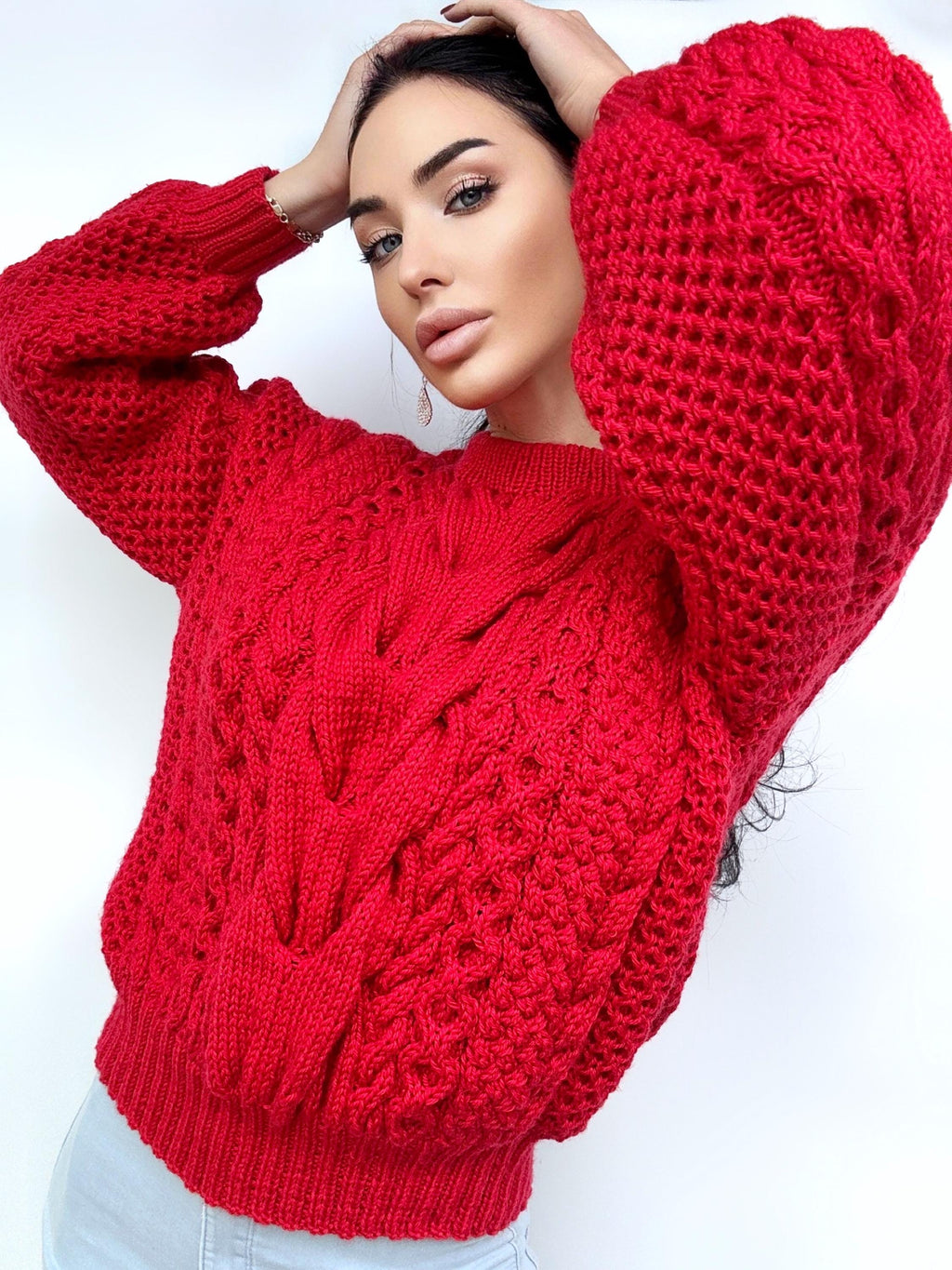 Merino wool red burgundy hand knit braids sweater women Chinky knit oversize jumper Cable Loose knit Oversized Womens Christmas pullover