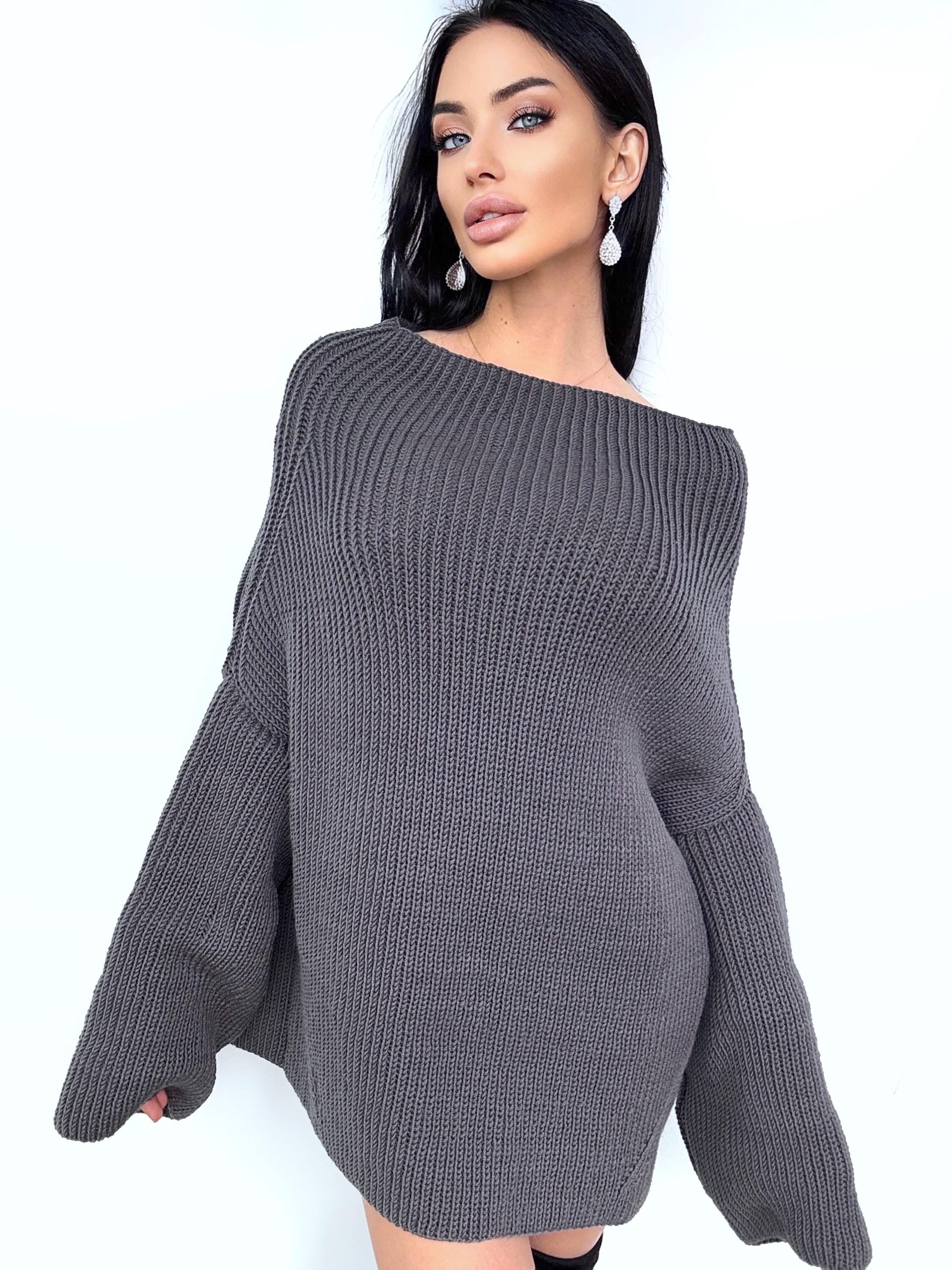 Chunky knit ribbed graphite grey merino wool sweater dress womens Large wool big Khaki Jumper Fall sweater long sleeves boat neck