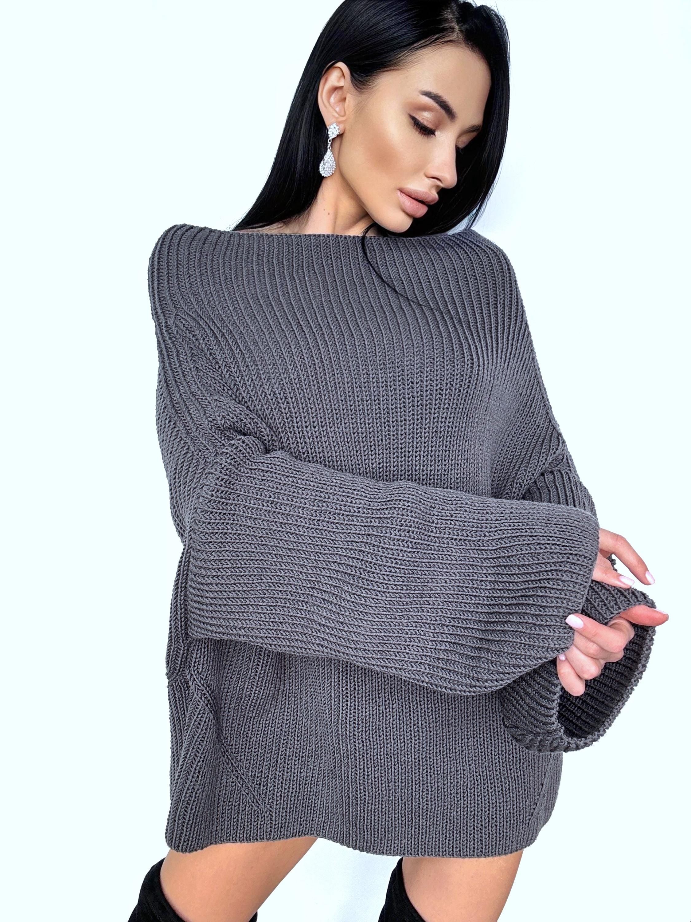 Cable hand knit Graphite Grey merino wool Sweater dress womens Chunki knit wool long big Khaki Jumper Fall sweater long sleeves boat neck