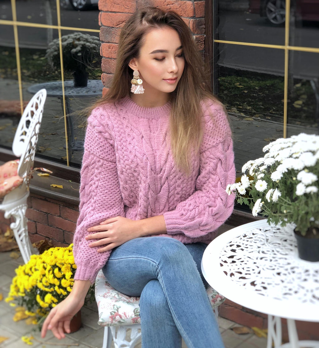 Chunky knit pink Alpaca wool sweater womens Warm merino wool fall pullover Cable knit sweater Loose hand knit holiday sweater