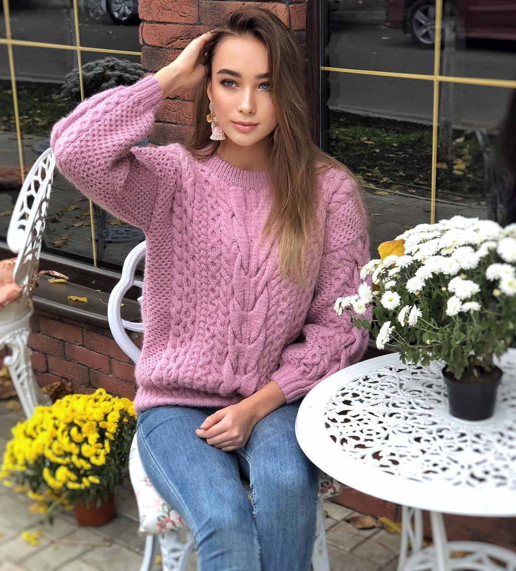 Chunky knit pink Alpaca wool sweater womens Warm merino wool fall pullover Cable knit sweater Loose hand knit holiday sweater
