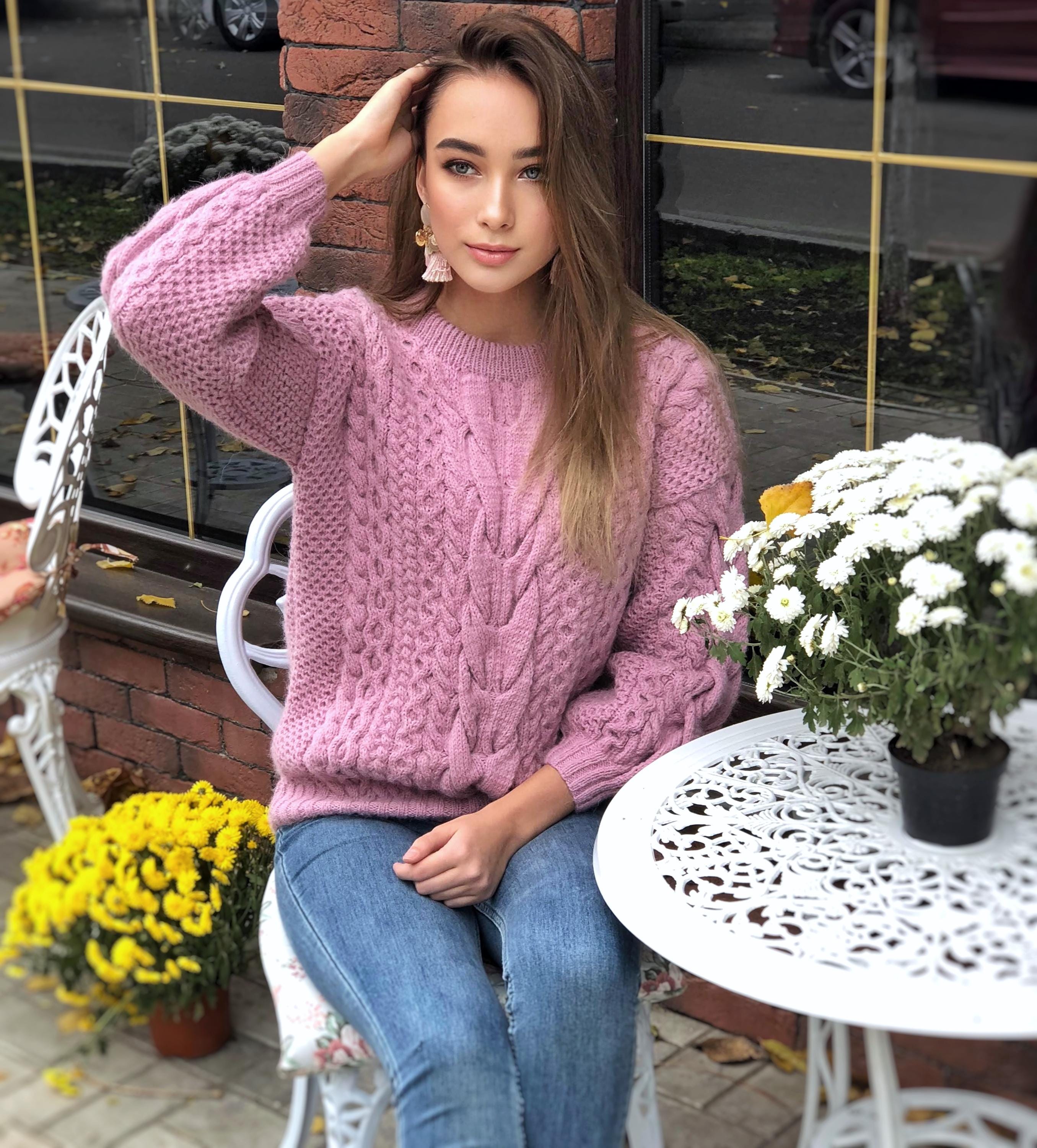 Chunky knit pink Alpaca wool sweater womens Warm merino wool fall pullover Cable knit sweater Loose hand knit holiday sweater