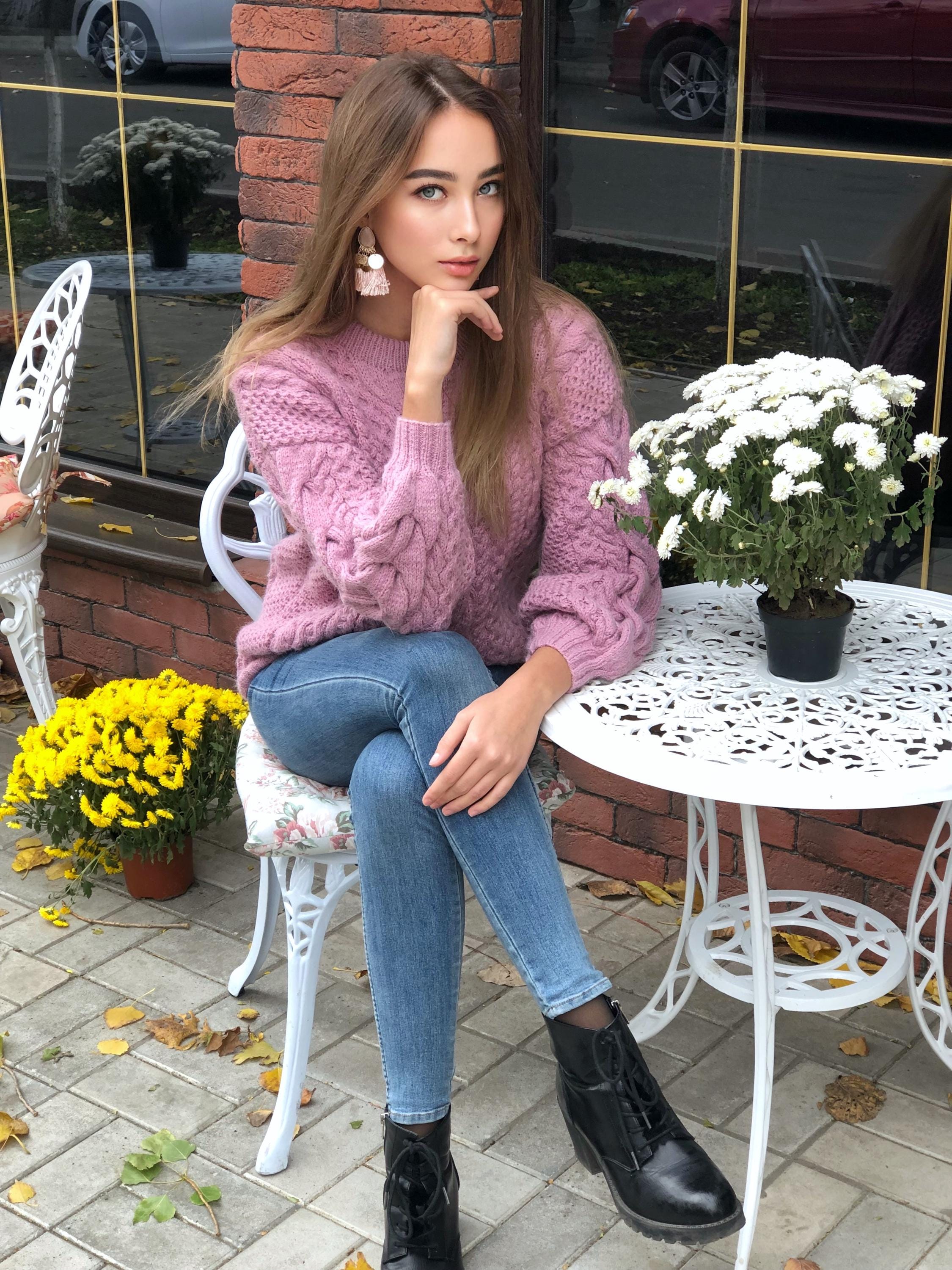 Chunky knit pink Alpaca wool sweater womens Warm merino wool fall pullover Cable knit sweater Loose hand knit holiday sweater