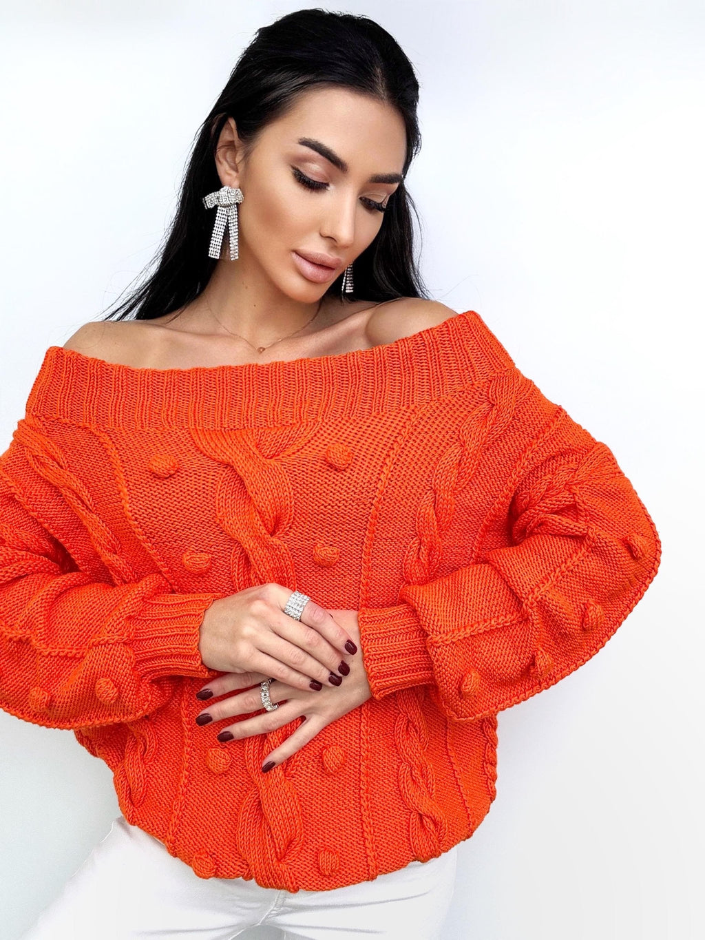 Cable knit orange cotton sweater Loose knit Oversized Halloween sweater Open shoulder pullover Pom pom Eco friendly hypoallergenic pullover