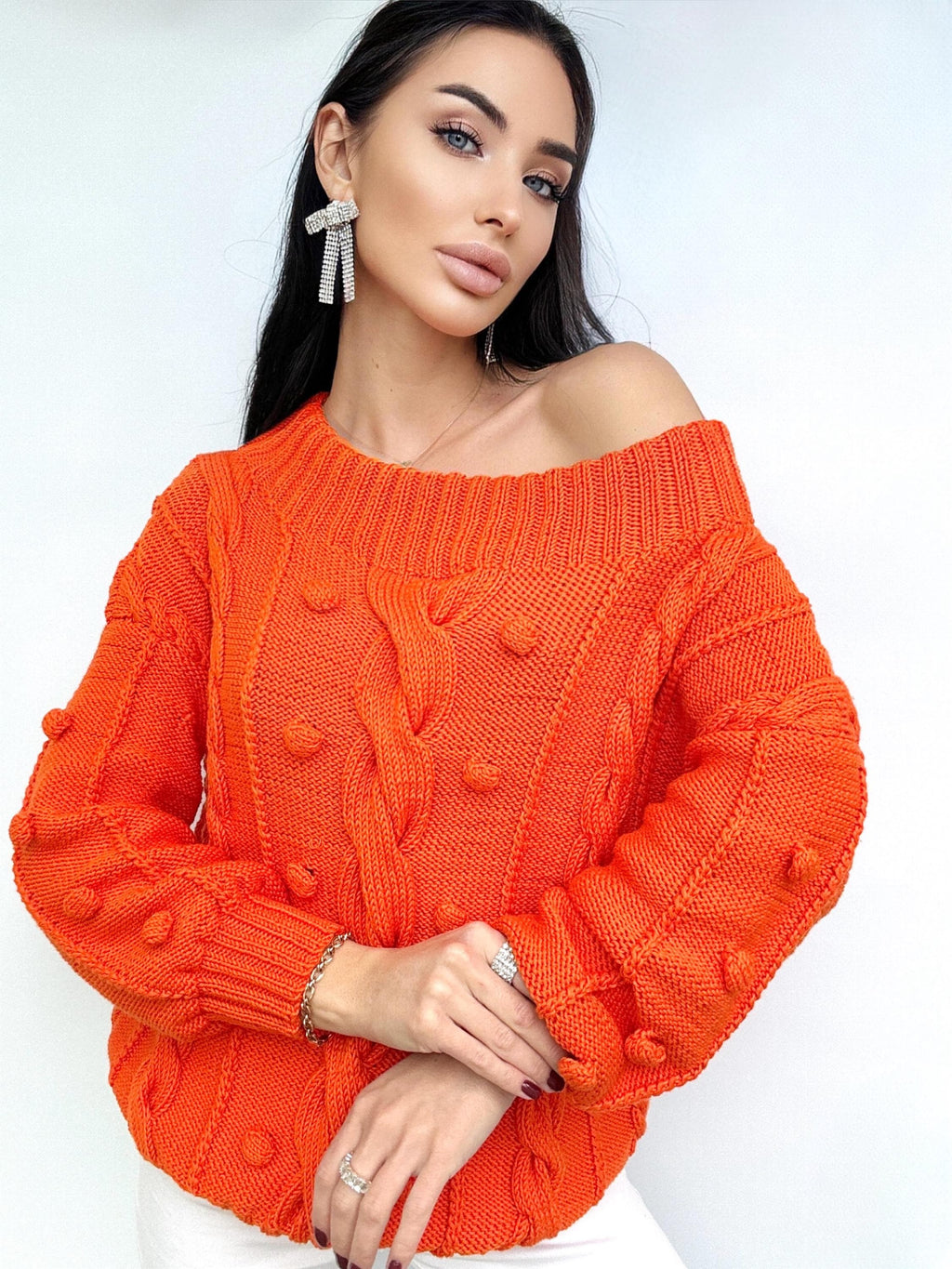 Cable knit orange cotton sweater Loose knit Oversized Halloween sweater Open shoulder pullover Pom pom Eco friendly hypoallergenic pullover