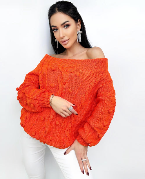 Cable knit orange cotton sweater Loose knit Oversized Halloween sweater Open shoulder pullover Pom pom Eco friendly hypoallergenic pullover