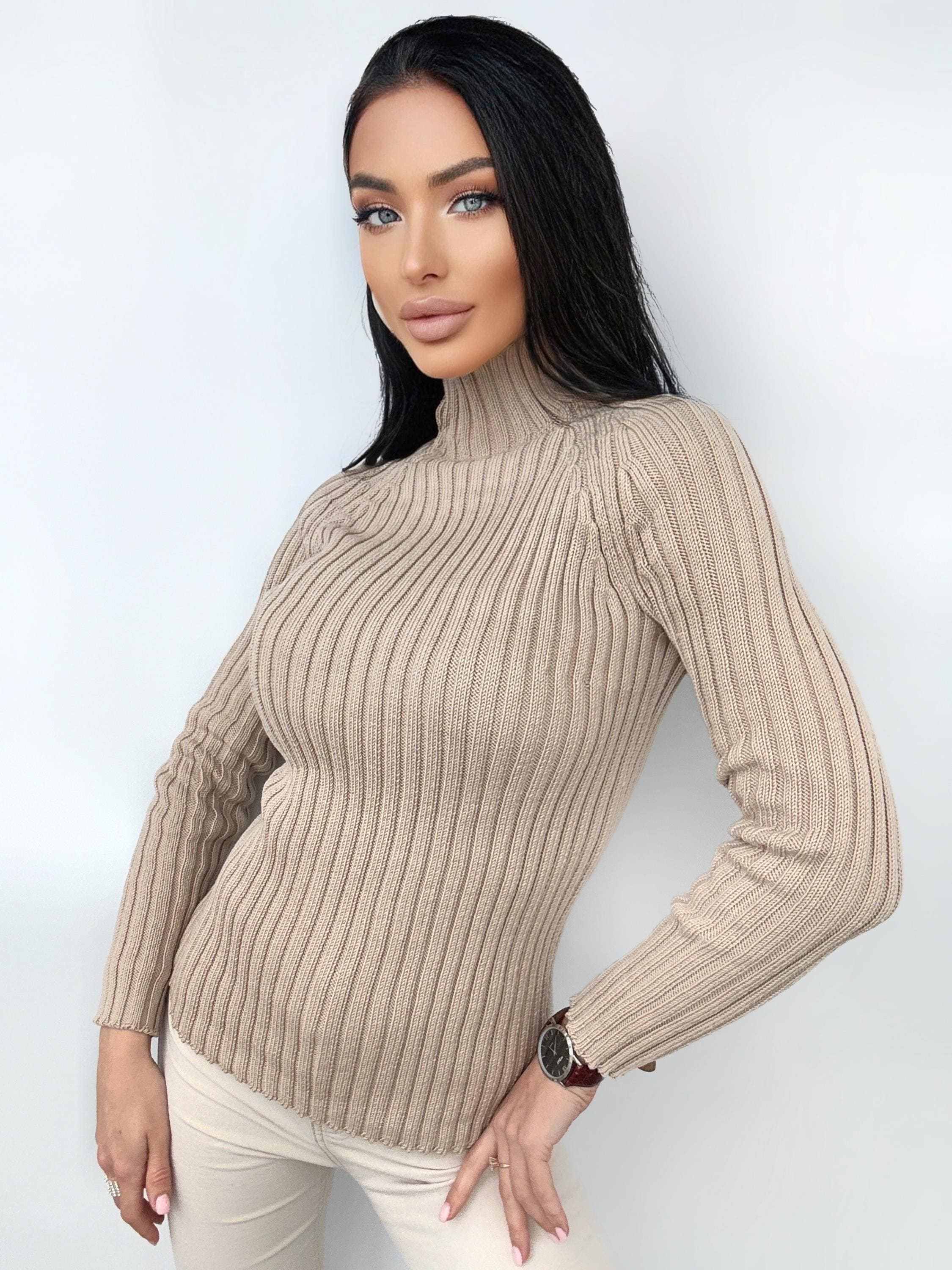 Merino wool Knitted Turtleneck for women Ribbed Knitted Sweater Long Sleeve Sweater Comfortable body-friendly Turtle neck wool